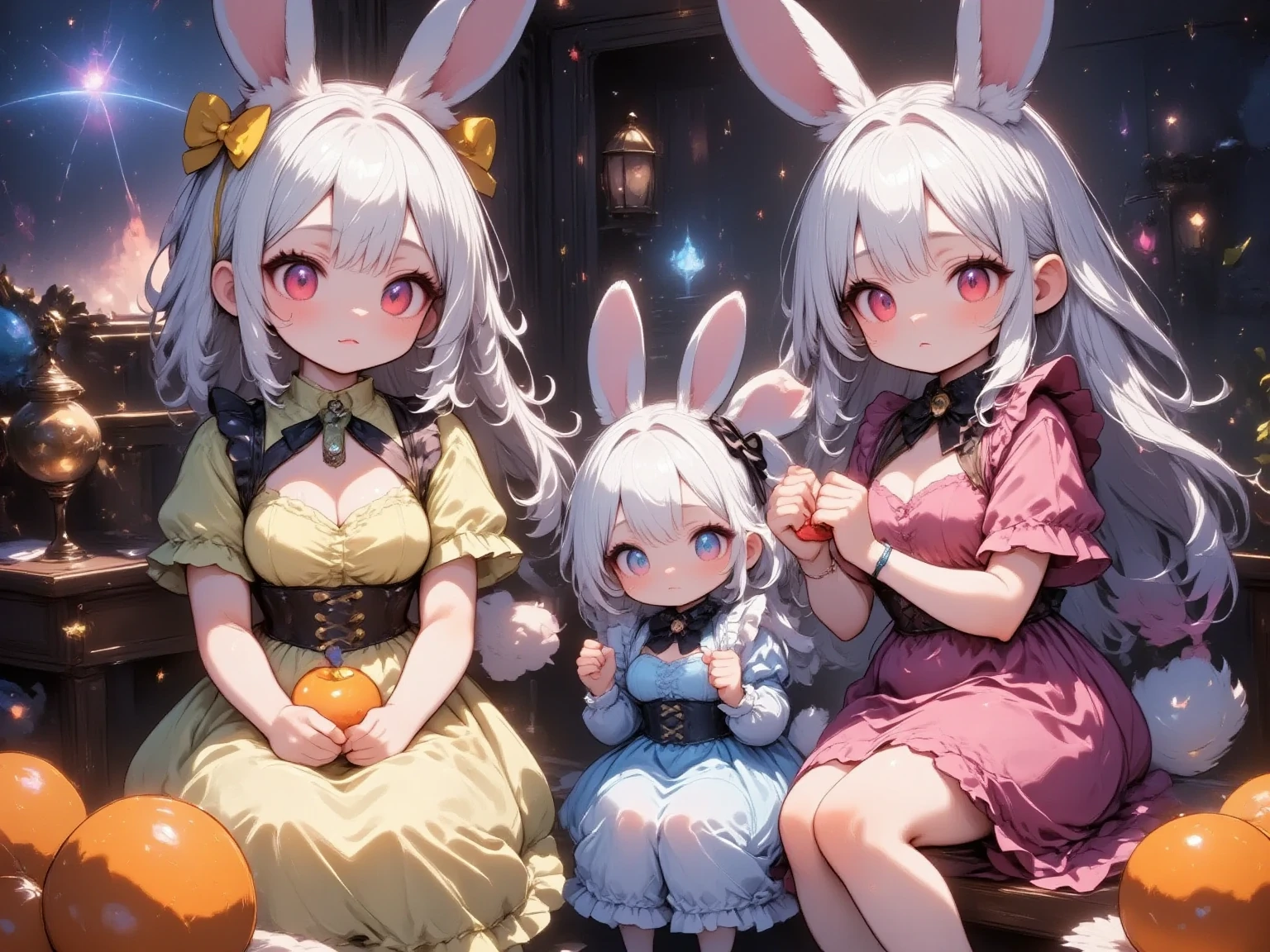  3 girls,(Chibi, cute, small, pink hair, very long hair ,bangs, Fluffy White Rabbit,Bunny ears, red eyes, big eyes, Beautiful Sparkling Eyes , white skin, big hair bow , pink ruffle dress ,Chest, full body image ),(Chibi, cute, small, blue hair, very long hair ,bangs, Fluffy White Rabbit,Bunny ears, red eyes, big eyes, Beautiful Sparkling Eyes , white skin, big hair bow , Blue Frilled Dress ,Chest, full body image ),(Chibi, cute, small, yellow hair , very long hair ,bangs, Fluffy White Rabbit,Bunny ears, red eyes, big eyes, Beautiful Sparkling Eyes , white skin, big hair bow ,yellow ruffle dress ,Chest, full body image ), cute background,(Scenery of 3 people being good friends ,Smiling Face), picture book illustration style ,