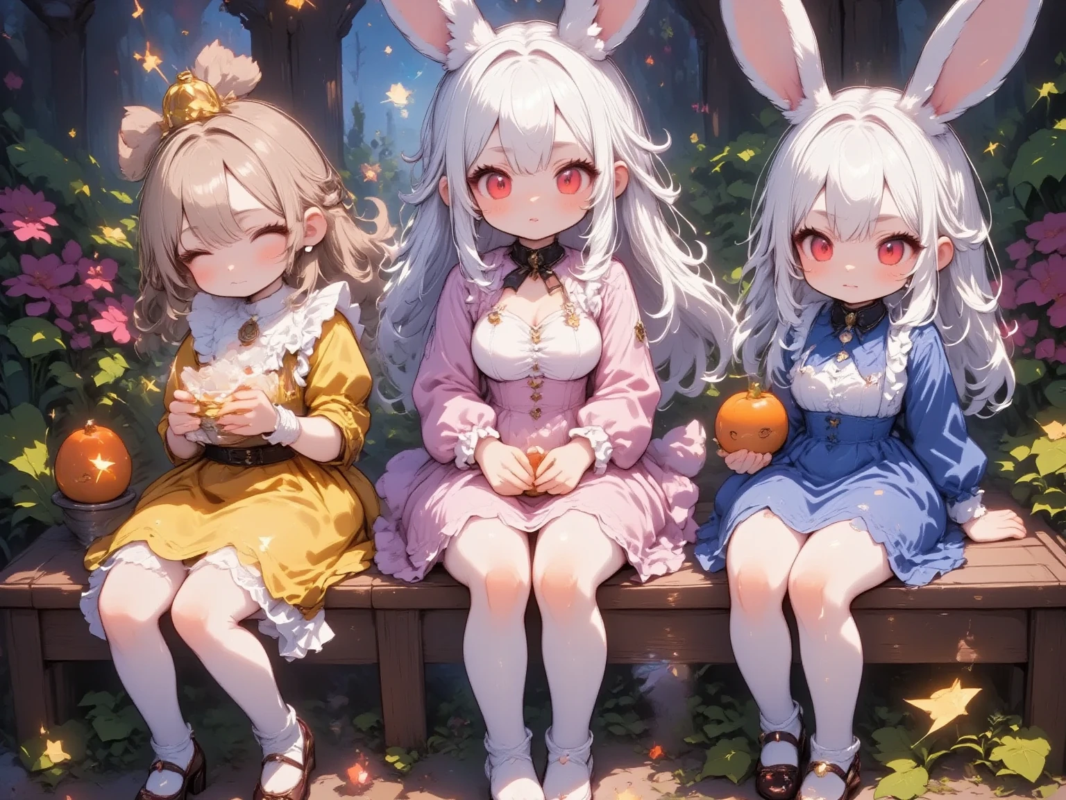  3 girls,(Chibi, cute, small, pink hair, very long hair ,bangs, Fluffy White Rabbit,Bunny ears, red eyes, big eyes, Beautiful Sparkling Eyes , white skin, big hair bow , pink ruffle dress ,Chest, full body image ),(Chibi, cute, small, blue hair, very long hair ,bangs, Fluffy White Rabbit,Bunny ears, red eyes, big eyes, Beautiful Sparkling Eyes , white skin, big hair bow , Blue Frilled Dress ,Chest, full body image ),(Chibi, cute, small, yellow hair , very long hair ,bangs, Fluffy White Rabbit,Bunny ears, red eyes, big eyes, Beautiful Sparkling Eyes , white skin, big hair bow ,yellow ruffle dress ,Chest, full body image ), cute background,(Scenery of 3 people being good friends ,Smiling Face), picture book illustration style ,