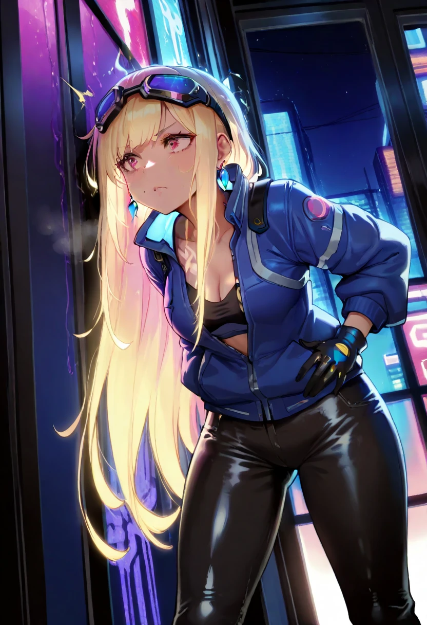 (((Best quality, 8k, Masterpiece: 1.3)), ((best quality)), ((masterpiece)), (detailed), perfect face, cyberpunk, jacket, leather pants, cybercity, night, blonde hair, goggles, crystal earrings, Futurism, cinematic lighting, ray tracing, backlighting, very long hair, crystal hair, expressive hair, acid rain, Air pollution, loneliness, Solitude, Mechanical gloves