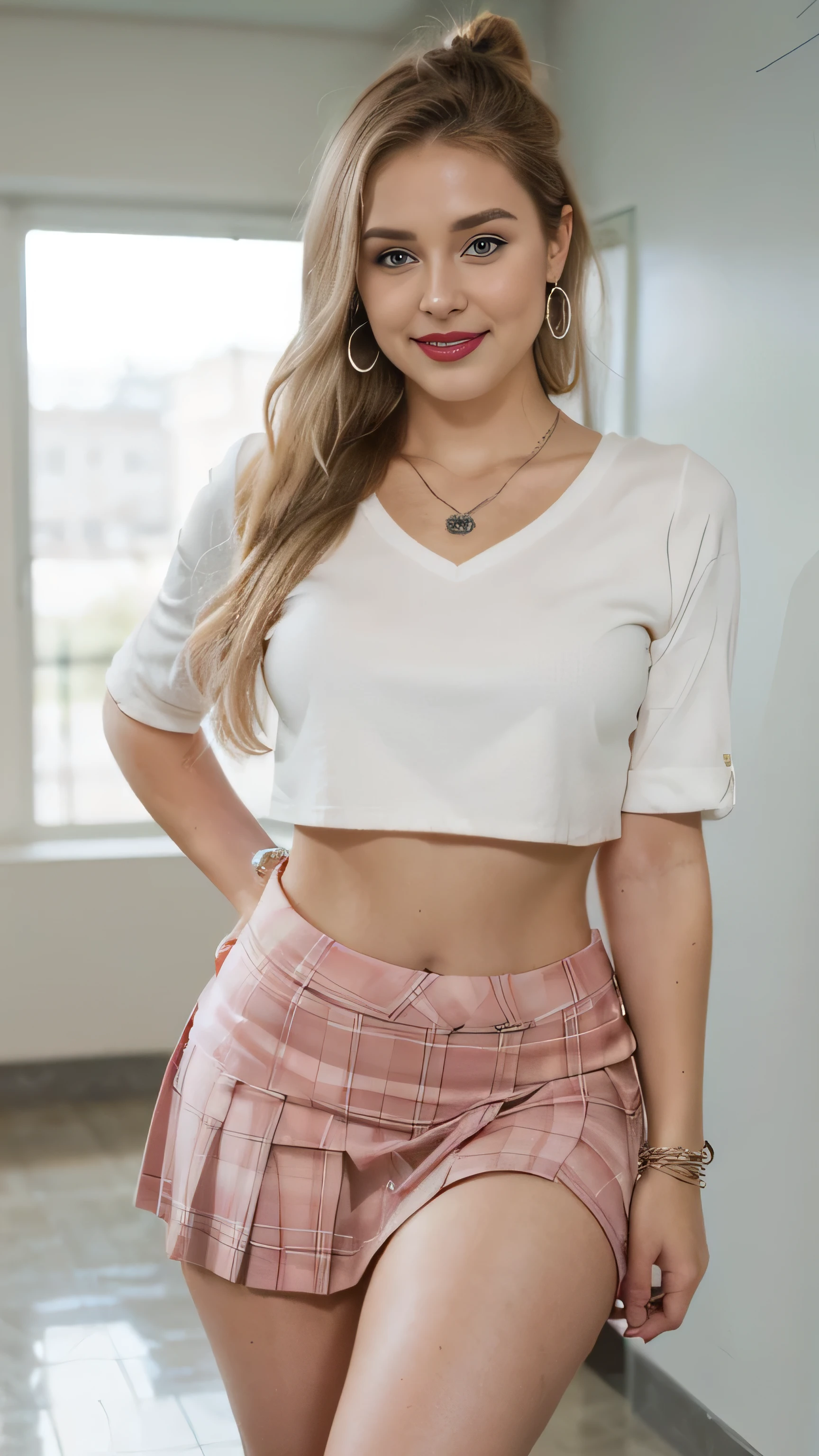Show entire body, high resolution, 18yo female, nerd, tight cut off button down shirt, short skirt, pantyhose, glasses with tape in the middle, biting lip