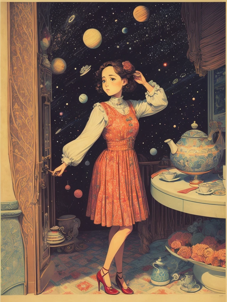 Space Colony, universe, cosmos, planet, star, space, spacewalk, 1 dolly girl, solo, little fat, brown eyes, forehead, black messy curly bob hair, drooping eyes, very cute, elegant pose, drunk, luxury, majesty, hold old-pottery cup, patterned one-piece dress, full body, outdoor, magazine cover, english text, Toulouse Lautrec: poster style,