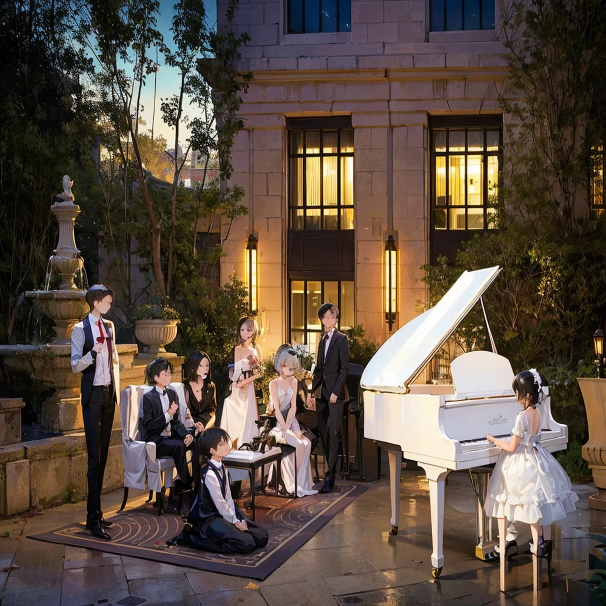 multiple girls, black hair, dress, sitting, multiple boys, white dress, tree, window, night, formal, suit, instrument, 6+boys, music, 5boys, playing instrument, violin, piano, grand piano