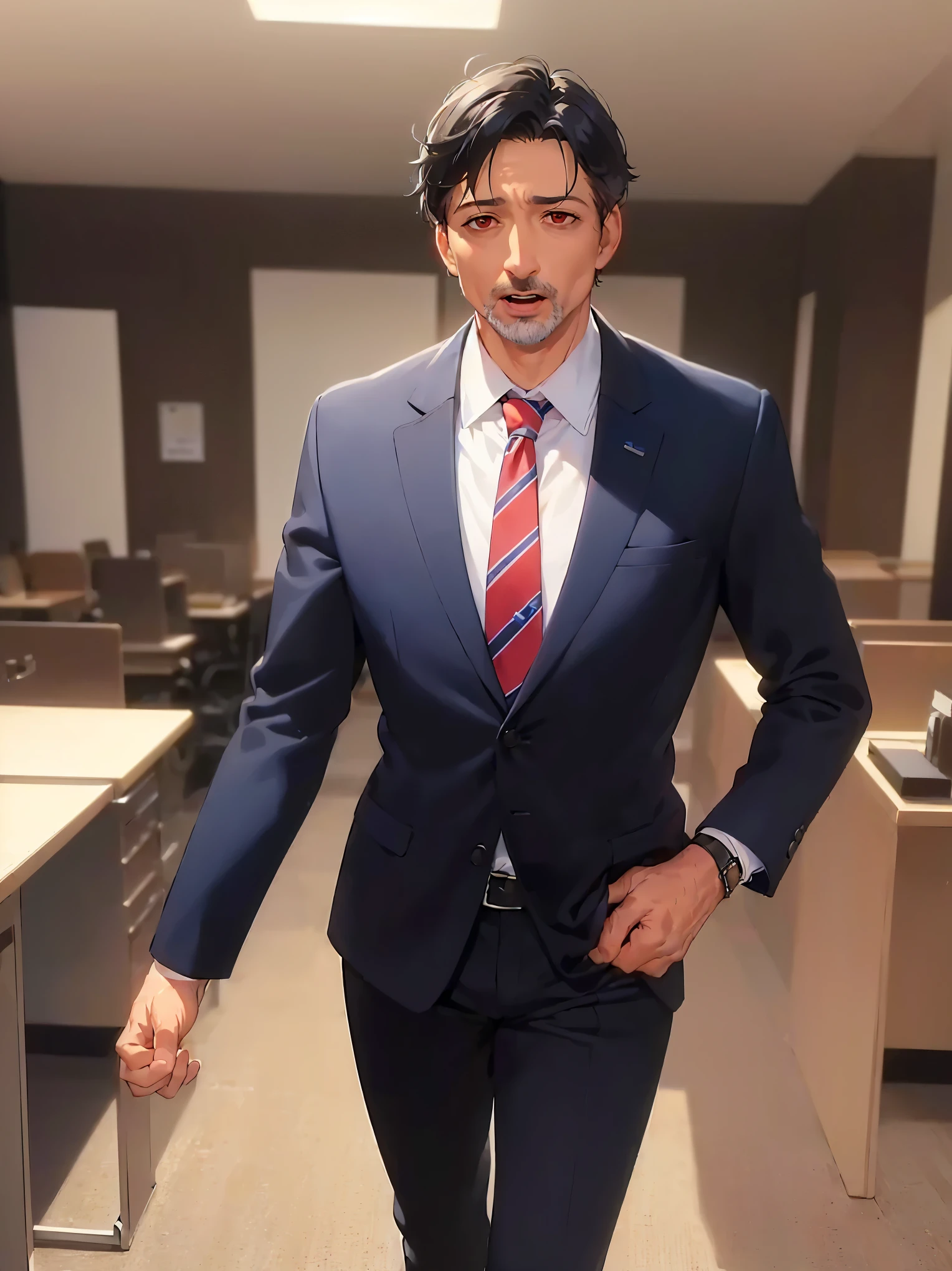 masterpiece, high quality, (50 year old man:1.5) and (short black hair) and (red eyes), (suit:1.5) and (blue tie), sirious, open mouth, alone, inside a office room, standing,
