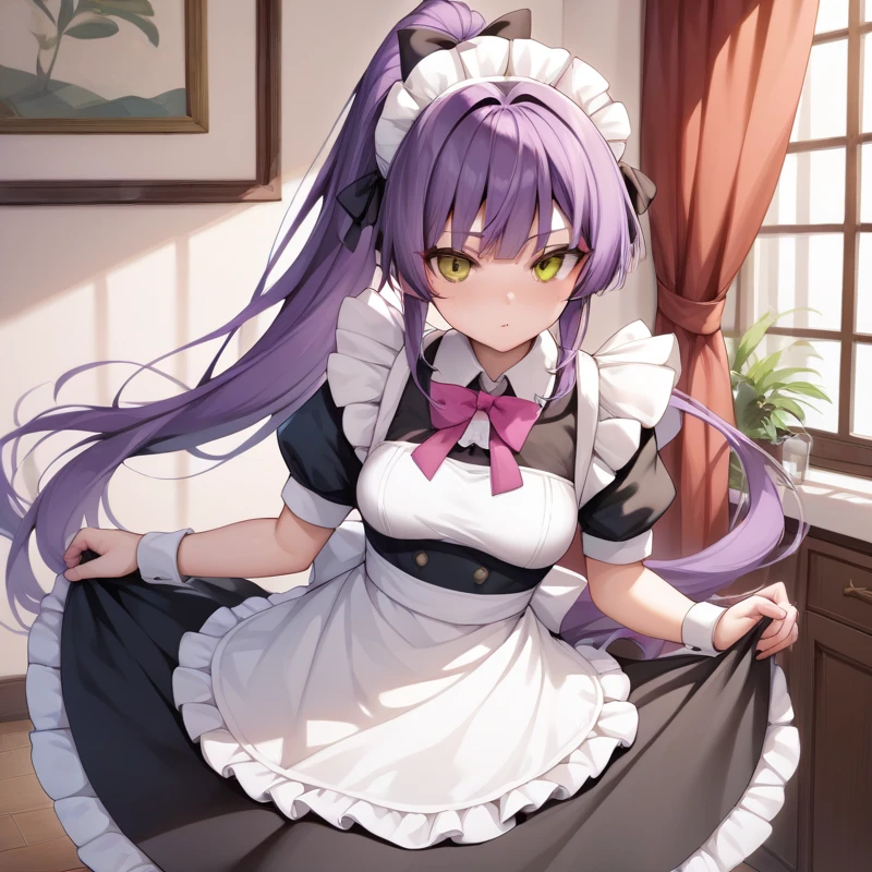  general , high resolution, Break animation coloring,
 Koigakubo_Momoko ,  purple hair,  long haired , Hair bow, brown eyes,  ponytail, maid, maid apron, maid headdress, puffy sleeves
