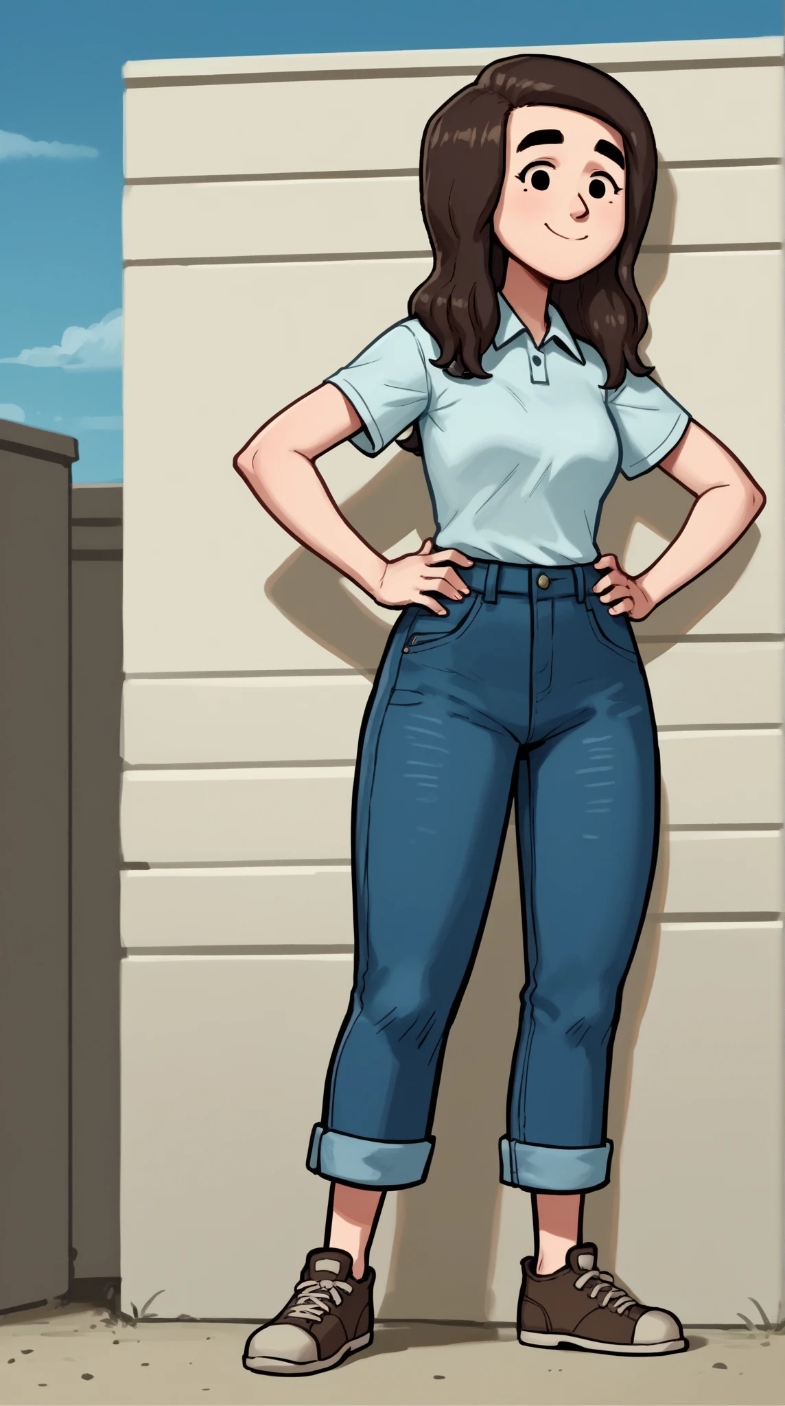 score_9, score_8_up, score_7_up, score_6_up, score_5_up,  1girl, solo, full body,
(source_cartoon),
Caroline_Storybooth, dark brown hair, dot eyes, thick eyebrows, long hair, smile,
outdoors,  blue sky,
Expressiveh, dark blue collared shirt, short sleeves, blue jeans, brown sneakers, hands on hips 
