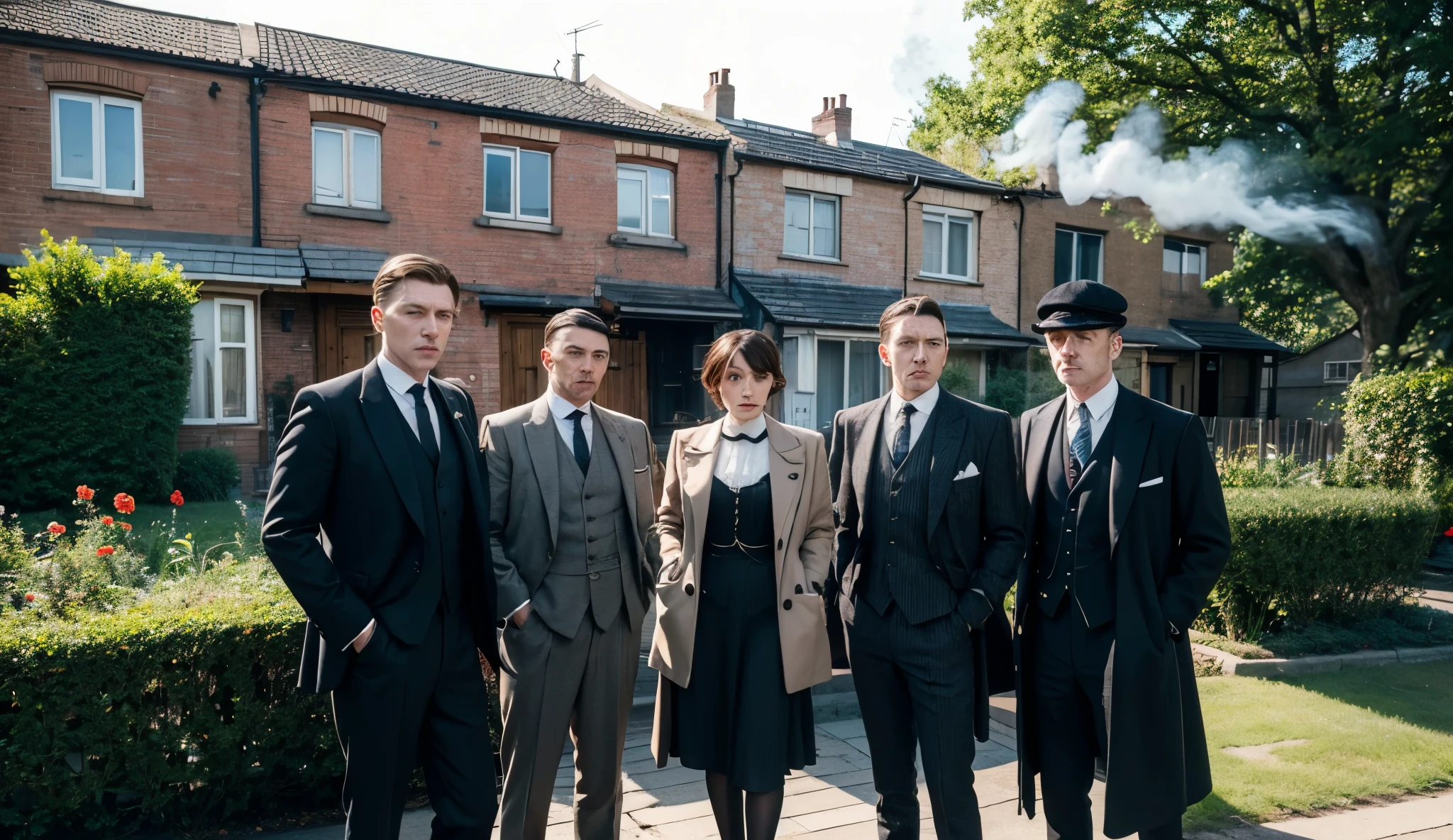 Next to me are characters from the Peaky Blinders series, and behind me are smoke and houses.