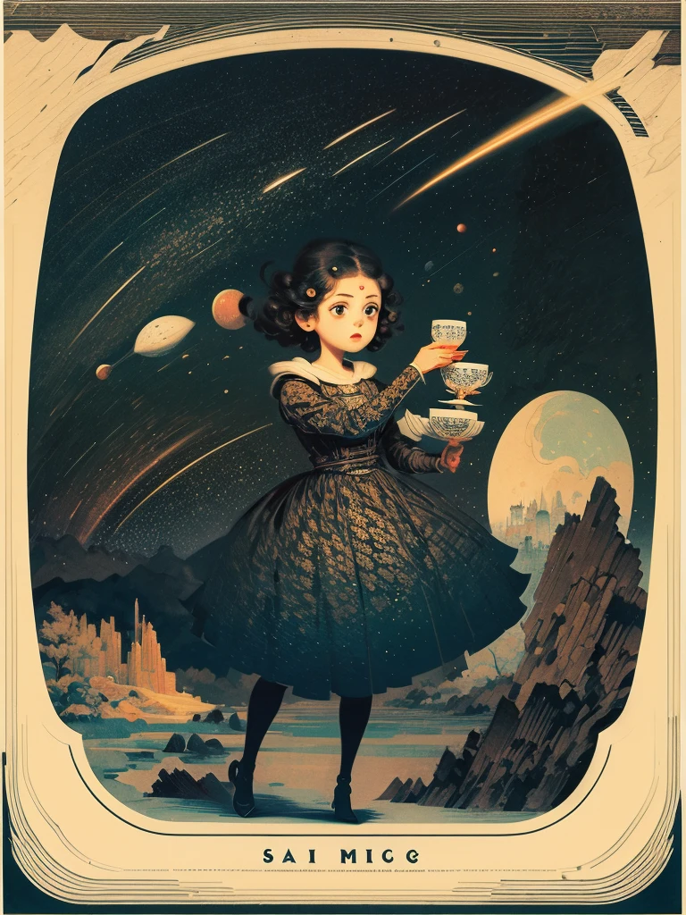 Space Colony, universe, cosmos, planet, star, space, spacewalk, 1 dolly girl, solo, little fat, brown eyes, forehead, black messy curly bob hair, drooping eyes, very cute, elegant pose, drunk, luxury, majesty, hold old-pottery cup, patterned one-piece dress, full body, outdoor, magazine cover, english text, Edvard Munch: Expressionism style,