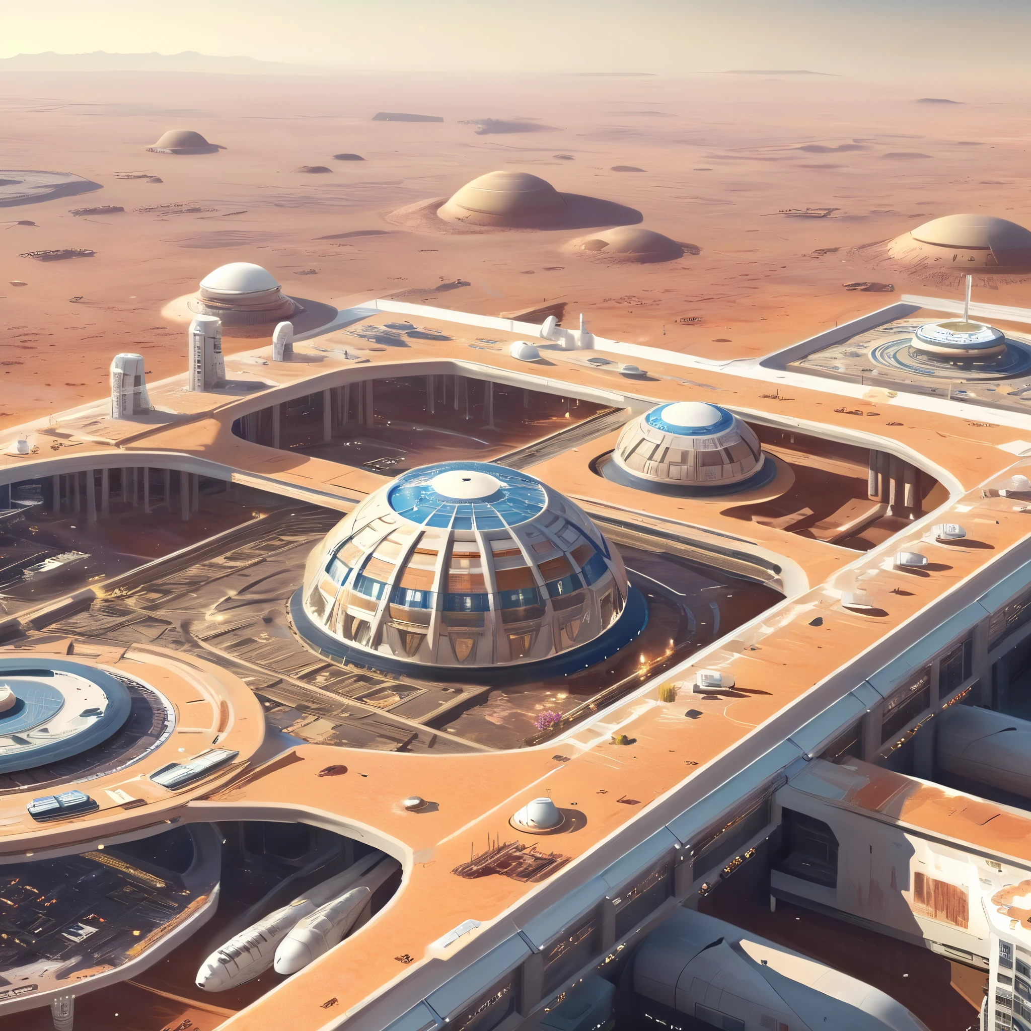 has a very tall structure with a futuristic design, Aerial view , super detailed , HD,8K, Soft Lighting , that acts as a planetary shield generator ,Space Colony,A high-tech city on Mars