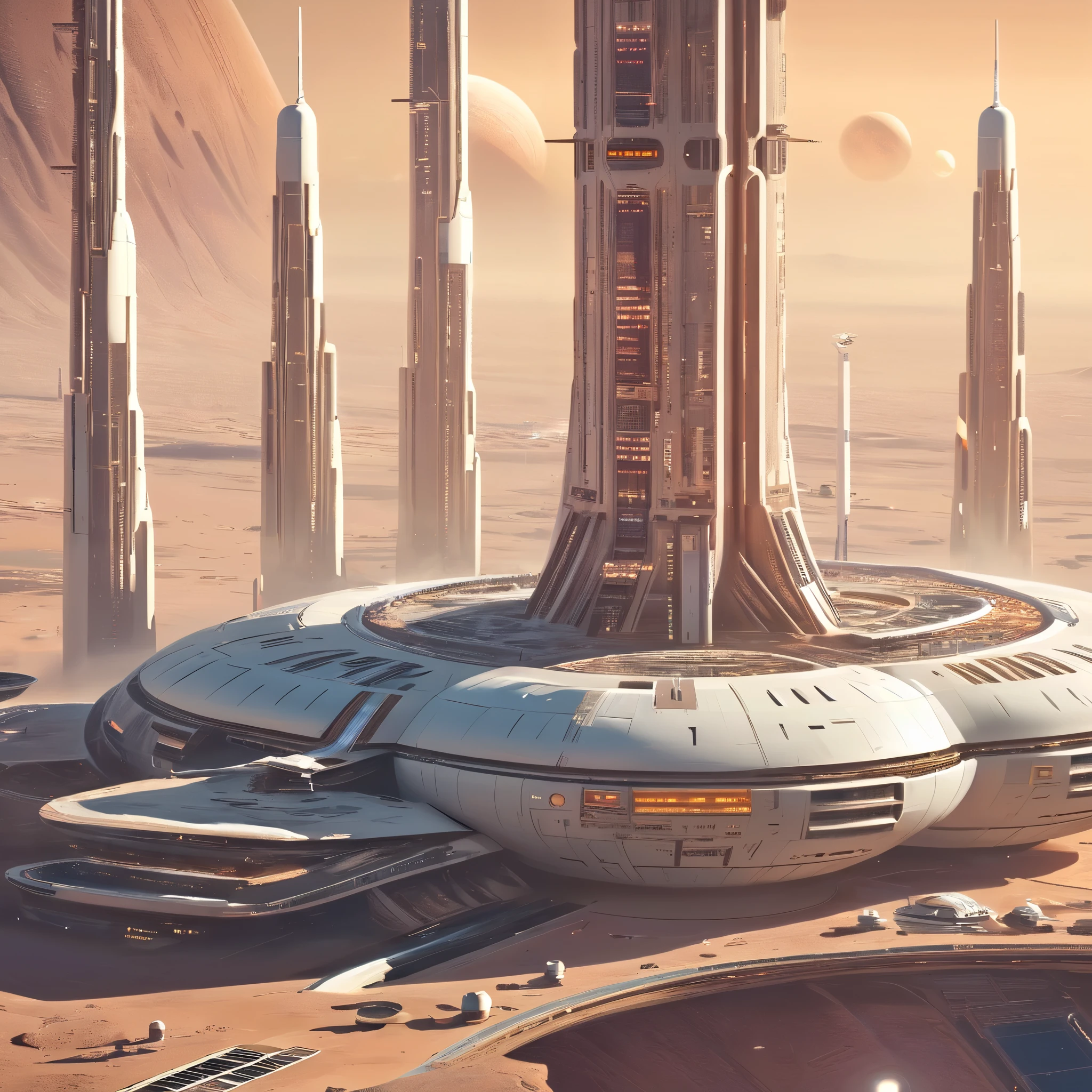 has a very tall structure with a futuristic design, Aerial view , super detailed , HD,8K, Soft Lighting , that acts as a planetary shield generator ,Space Colony,A high-tech city on Mars
