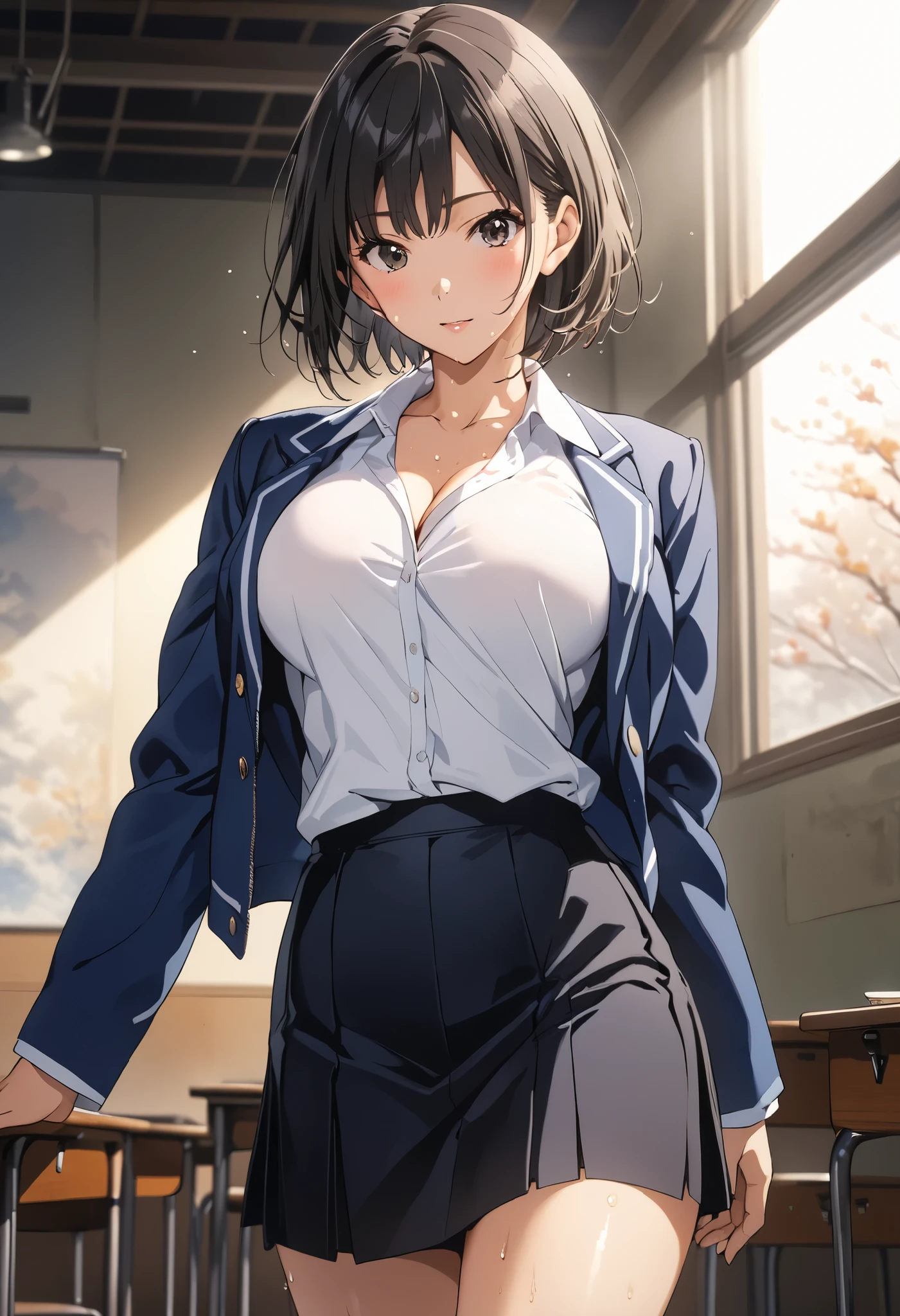 NSFW、独奏、Toned body、シャツ越しに透けたBig Breasts、Bare thighs、White panties、（uniform、Dark blue blazer、Light blue ribbon、White shirt、Collared shirt、Grey Micro Mini Skirt Grey、Grey Pleated Skirt Grey）、(short hair、Brown Hair、Barrette、hair ornaments)、(Brown eyes:1.5)、(yuihirasawa、yui hirasawa、Yui Hirasawa)、Big Breasts、Women&#39;s High、classroom