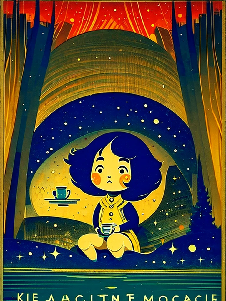 Space Colony, universe, cosmos, planet, star, space, spacewalk, 1 dolly girl, solo, little fat, brown eyes, forehead, black messy curly bob hair, drooping eyes, very cute, elegant pose, drunk, luxury, majesty, hold old-pottery cup, patterned one-piece dress, full body, outdoor, magazine cover, english text, Edvard Munch: Expressionism style,