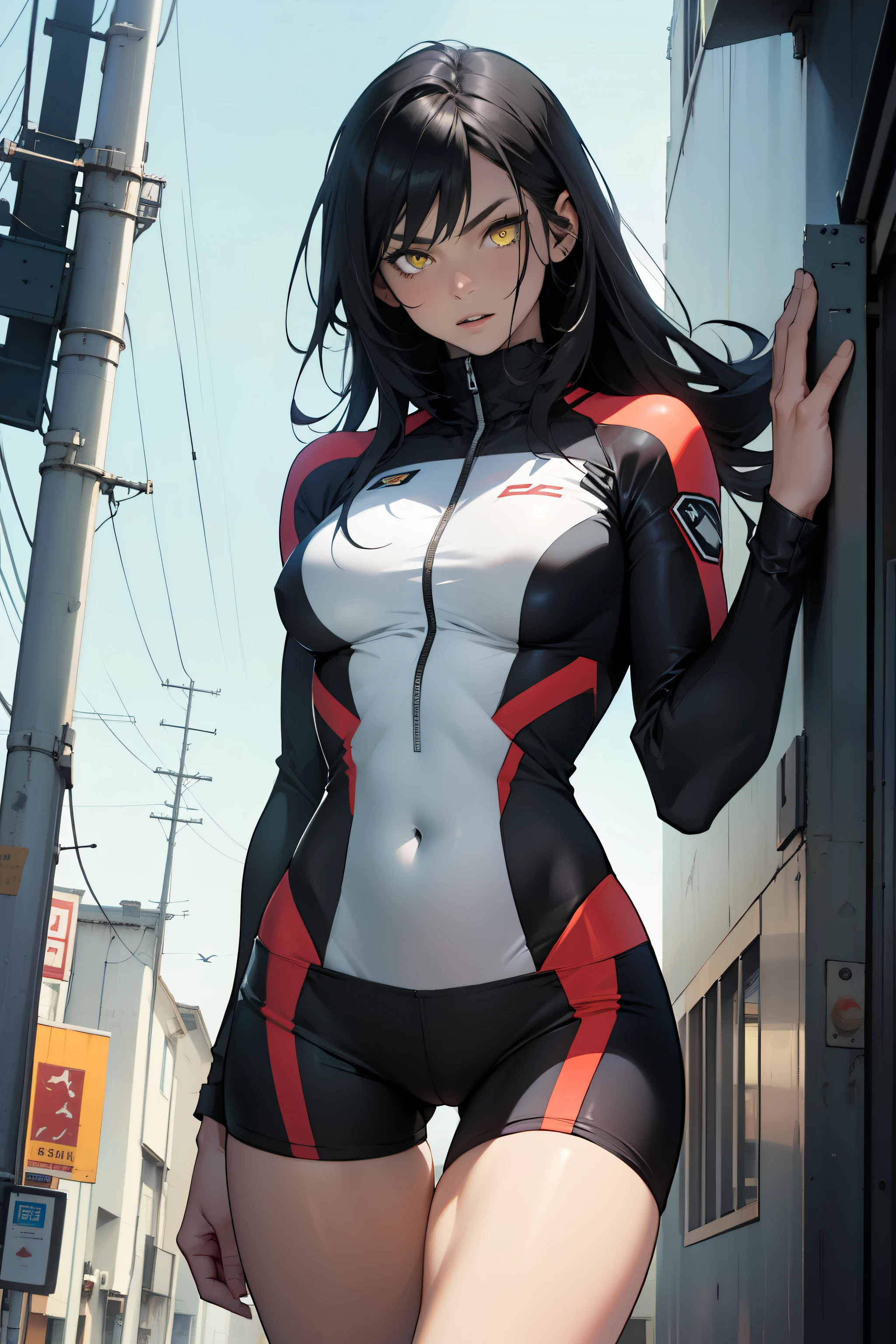 solo standing skintight ((muscular girl perfect anatomy)) toned body massive breasts yellow eyes black hair pale skin