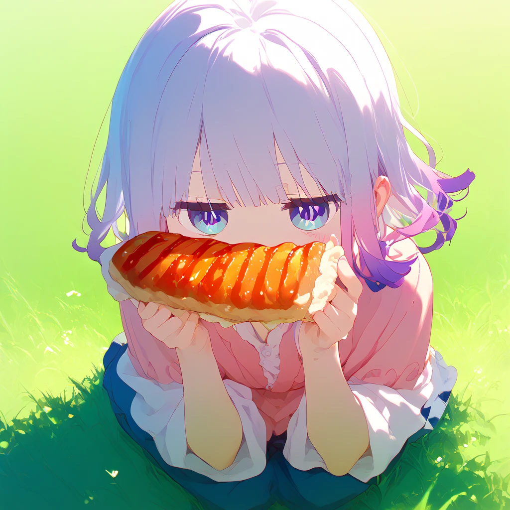 Kanna Kamui  holding food sitting on grass,  View from top to bottom , kawaii, [saturation:0.7]