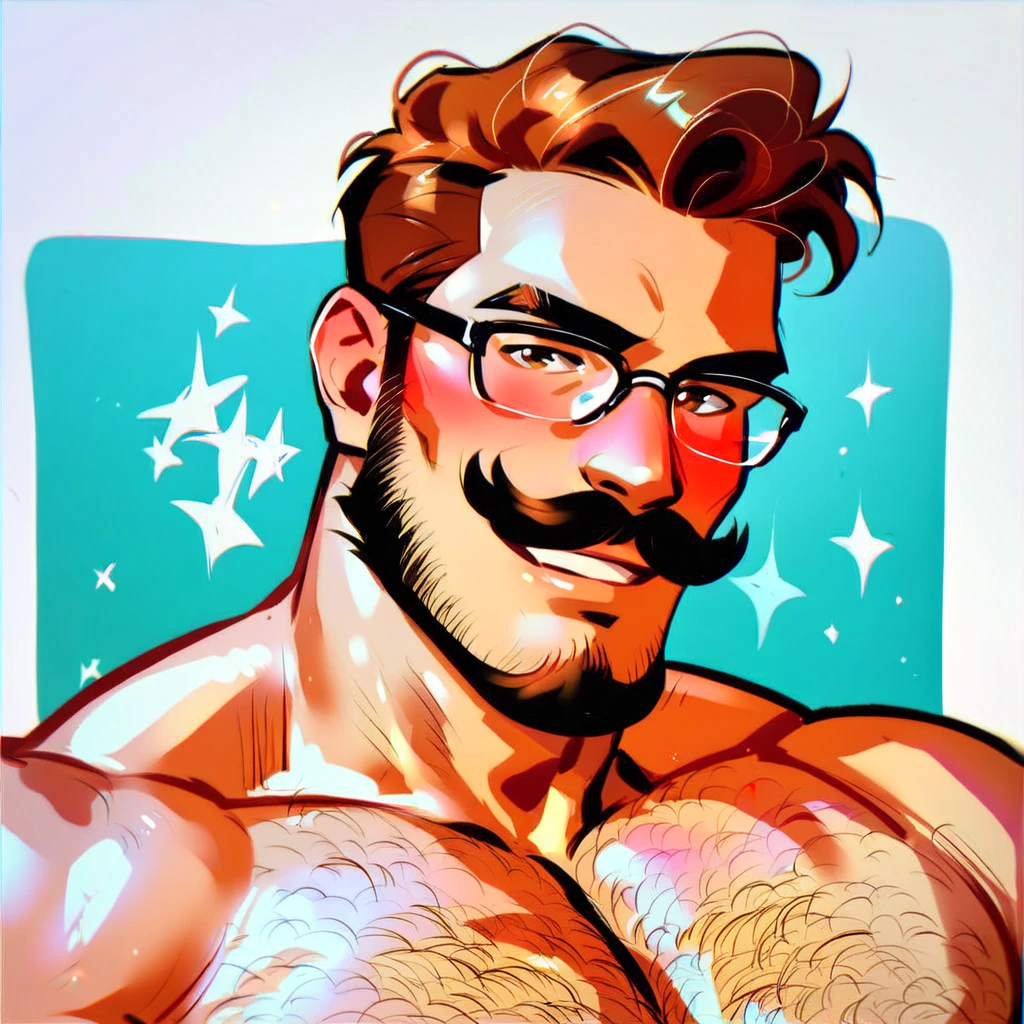 PonyXLV6_Scores,Handsome muscular shirtless brown haired man with brown eyes, looking at the viewer, flirting look, wearing glasses, moustache, laboratory background , hairy chest, blushing, smiling 