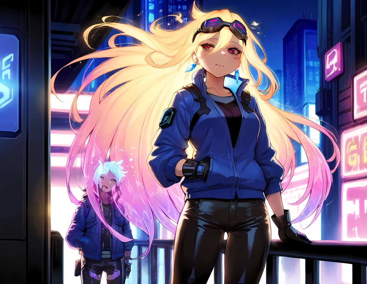 (((Best quality, 8k, Masterpiece: 1.3)), ((best quality)), ((masterpiece)), (detailed), perfect face, cyberpunk, jacket, leather pants, cybercity, night, blonde hair, goggles, crystal earrings, Futurism, cinematic lighting, ray tracing, backlighting, very long hair, crystal hair, expressive hair, acid rain, Air pollution, loneliness, Solitude, Mechanical gloves