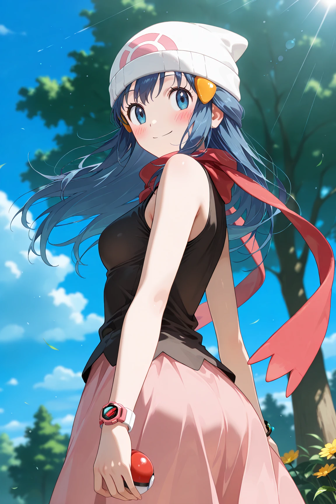 score_9, score_8_up, score_7_up, score_6_up, score_5_up, score_4_up, source_anime, aadawn, long hair, blue hair, beanie, white headwear, hair ornament, blue eyes, breasts, red scarf, sleeveless shirt, black shirt, wristwatch, bracelet, pink skirt, standing, outdoors, filed, flower, tree, holding poke ball, smile,

(realistic skin0.8),
Shiny, skin,

(blush:1.4), smile,
cinematic, dramatic, (blurry background:1.4), depth of field, 
1girl, solo, joyful, smile, dynamic pose, dynamic angle, from below, 
outdoors, nature,
portrait,
(focus on face:1.2),
closed-up shot,
sunny,
blue sky,
cloud,
sunlight,
wind,
looking back,