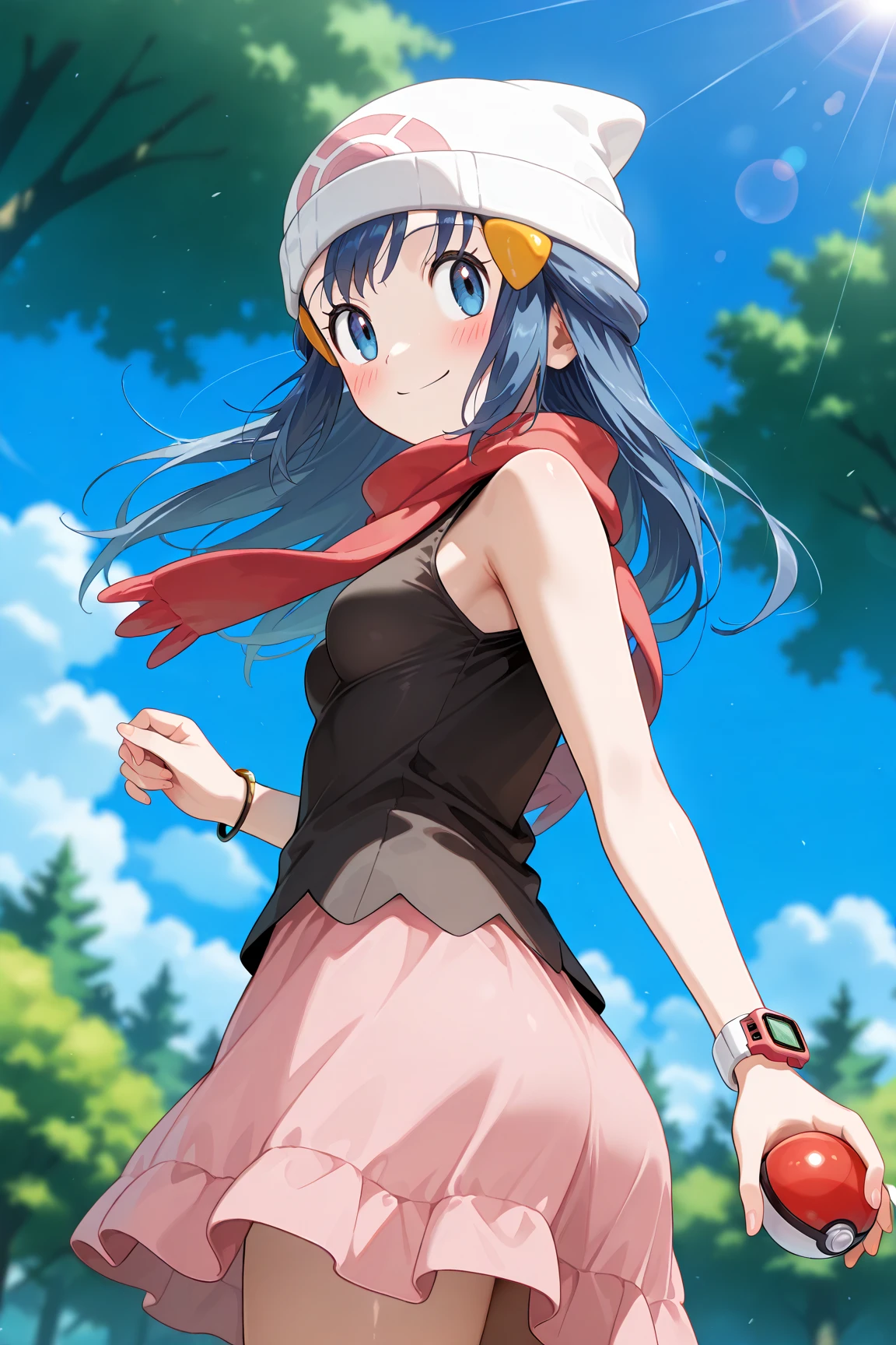 score_9, score_8_up, score_7_up, score_6_up, score_5_up, score_4_up, source_anime, aadawn, long hair, blue hair, beanie, white headwear, hair ornament, blue eyes, breasts, red scarf, sleeveless shirt, black shirt, wristwatch, bracelet, pink skirt, standing, outdoors, filed, flower, tree, holding poke ball, smile,

(realistic skin0.8),
Shiny, skin,

(blush:1.4), smile,
cinematic, dramatic, (blurry background:1.4), depth of field, 
1girl, solo, joyful, smile, dynamic pose, dynamic angle, from below, 
outdoors, nature,
portrait,
(focus on face:1.2),
closed-up shot,
sunny,
blue sky,
cloud,
sunlight,
wind,
looking back,