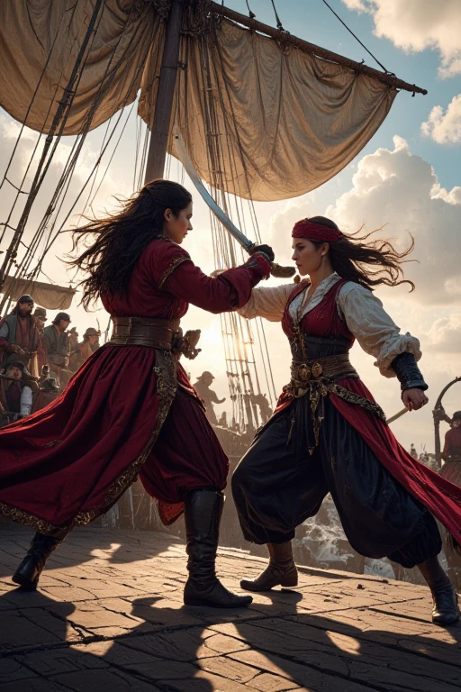  dynamic action , two girls fighting ,  very dynamic camera work , Spanish rapiers hold , high brightness. bright color, dynamics, movement, rage, battle, body weave , energy,  background on the deck of a pirate ship