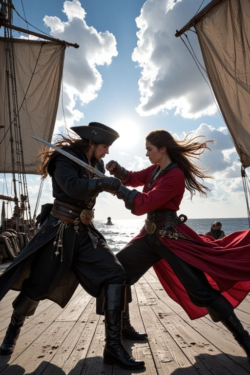  dynamic action , two girls fighting ,  very dynamic camera work , Spanish rapiers hold , high brightness. bright color, dynamics, movement, rage, battle, body weave , energy,  background on the deck of a pirate ship