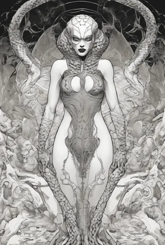 the background: The background is dark and mysterious, with shades of black and gray representing injustice and inner pressure. Main form: In the center of the painting, draw a picture of a woman who looks seductive and beautiful with an attractive face. The woman is surrounded by strange hands and shapes, symbolizing exploitation and pressure. Physical Details: Draw the details of a woman's body with elegance and attractiveness, highlighting her muscles and special beauty