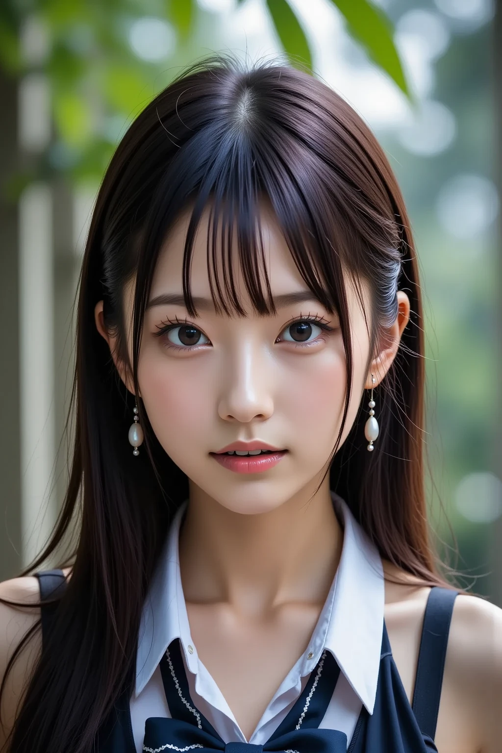 Focus on people。Create and express the best shining composition of the person in a realistic way。((​masterpiece))、(((top-quality)))、((ultra-detailliert))、(A hyper-realistic)、(highly detailed CGillustration)、(extremely delicate and beautiful)、Girl a masterpiece、top-quality、Realistic skin feeling、Realistic fabric、We will introduce a realist illustration focusing on the center front of girls with realistic and ultra-detailed eyes.。This is the absolute rule, and the following sentence expresses the image quality。 The greatest painter in human history meets an unparalleled beauty、It is the greatest masterpiece in the history of the Inuiku Ichigo, which depicts the most beautiful figure of a lifetime.。 Create stunning anime artwork that is currently trending on seaStation、Introducing exquisite beauty and seductive aesthetics。Hair is tied up、校服、The background is outdoors、Wet hair