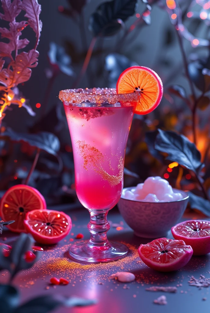 (best quality, 128k,highres,masterpiece:1.2),ultra-detailed,(realistic,photorealistic,photo-realistic:1.37), ((masterpiece)) ((photography)) ((Highest quality))  A vibrant cocktail titled "Passionate Dragon" served in a tall glass with an exotic garnish.  
The cocktail blends dragon fruit juice, passion fruit purée, coconut milk, and a hint of hot chili pepper for a fiery twist.  
The glass is adorned with a dragon fruit slice on the rim and a swirl of edible gold dust.  
Ingredients are arranged around the glass: a halved dragon fruit, a passion fruit, a bowl of coconut milk, a red chili pepper, and a small pot of gold dust.  
The background is a mystical tropical jungle with glowing plants and a magical vibe.