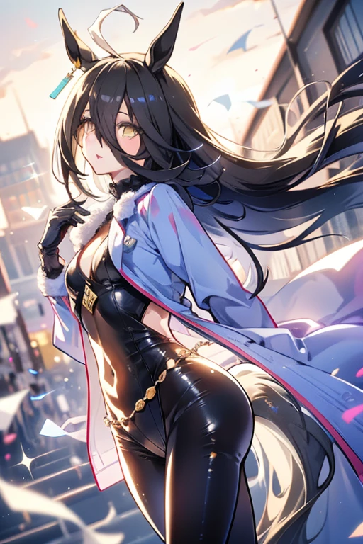  Manhattan Cafe ( Uma Musume), anatomically correct,  top quality,  touch very long hair ,  hair hiding one eye , hair blowing in the wind, hair blowing in the wind,  black hair, Horse ears,  golden eyes,  cowboy shot,  dutch angle,  Background Blur,  glitter effect,  Japanese illustration style, anime style, 動きのあるポーズ

