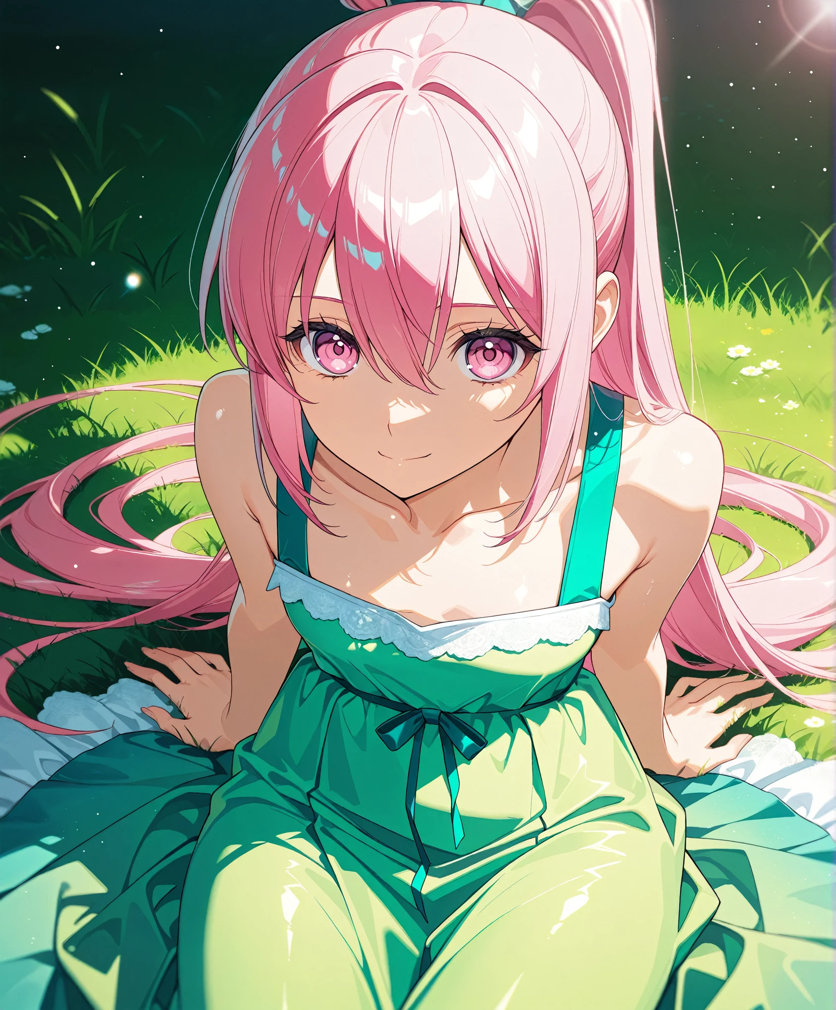 score_9, score_8_up, score_7_up, masterpiece, absurdres, source_anime,safe, 1girl, solo, adult, girl focus, adult, very detailed expressive eyes, very detailed eyes, aesthetic eyes, bright eyes, (bright pink eyes),  pink eyes, beautifully styled hair, very detailed hair, straight hair, bright pink hair, long hair, hair between eyes, (hair styled straight),  (styled ponytail), (straight hair), (straight ponytail),styled hair,  little smile, looking at viewer, small breasts, shiny skin, healthy skin colour, face focus, BREAK
((blue and green) summer dress, multicoloured dress, long dress), grass  field,sunny, sitting on grass,  half body, cowboy shot, normal view, leaning back, BREAK
HDR, 8K, masterpiece, best quality, amazing quality, very aesthetic, high resolution, ultra-detailed, absurdres, newest, scenery, 
aesthetic detailed background, best quality, game cg aesthetics,
 beautiful detailed eyes, detailed skin, detailed hair, light particles,  depth of field, natural shadows, 
(masterpiece), ultra-detailed, 1024k UHD wallpaper, ultra-high resolution, depth of field, HDR, Ray tracing, RTX, high saturation, photon mapping, best texture quality, best compotitions, (extremely detailed CG 1024k wallpaper), High Details, Detailed face, Detailed Clothes, Ultra HD Photo, Perfect Face, expressive eyes, bright colours