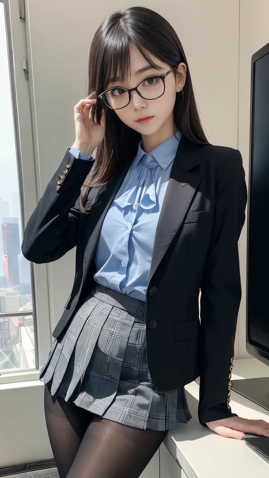 (A gorgeous Chinese lady, age 28, professional high-school lecturer & artist, wearing formal office attire, blazers, sky-blue tie, long-sleeve white shirt with buttons, pencil mini-skirt, ITZY sneakers, painting in an art room, 🖌️🎨 🌴
(fabulous, geeky, feminine, gentle,
friendly, goofy, fascinating, Graceful),
spectacles, #roundeyeware, #glasses, #eyeware, kind smile, dimpled cheeks, cute snaggle-tooth, short ponytail, short bob hair trimmed, short hair, symmetrical face, beautiful detailed face, bright_and_full_of_warmth_eyes, detailed eyes, ample round bosom, perfect body anatomy,
Award-winning, photorealistic, hyper-realism, high contrast, ultra HD, realistic skin textures, top image quality, top-quality, super high resolution, fine details, very meticulously, Vivid Colours, masterpiece, High angle shot, full body shot, cowboy shot, positive affirmation, serene ambience, bokeh night background, SFW)