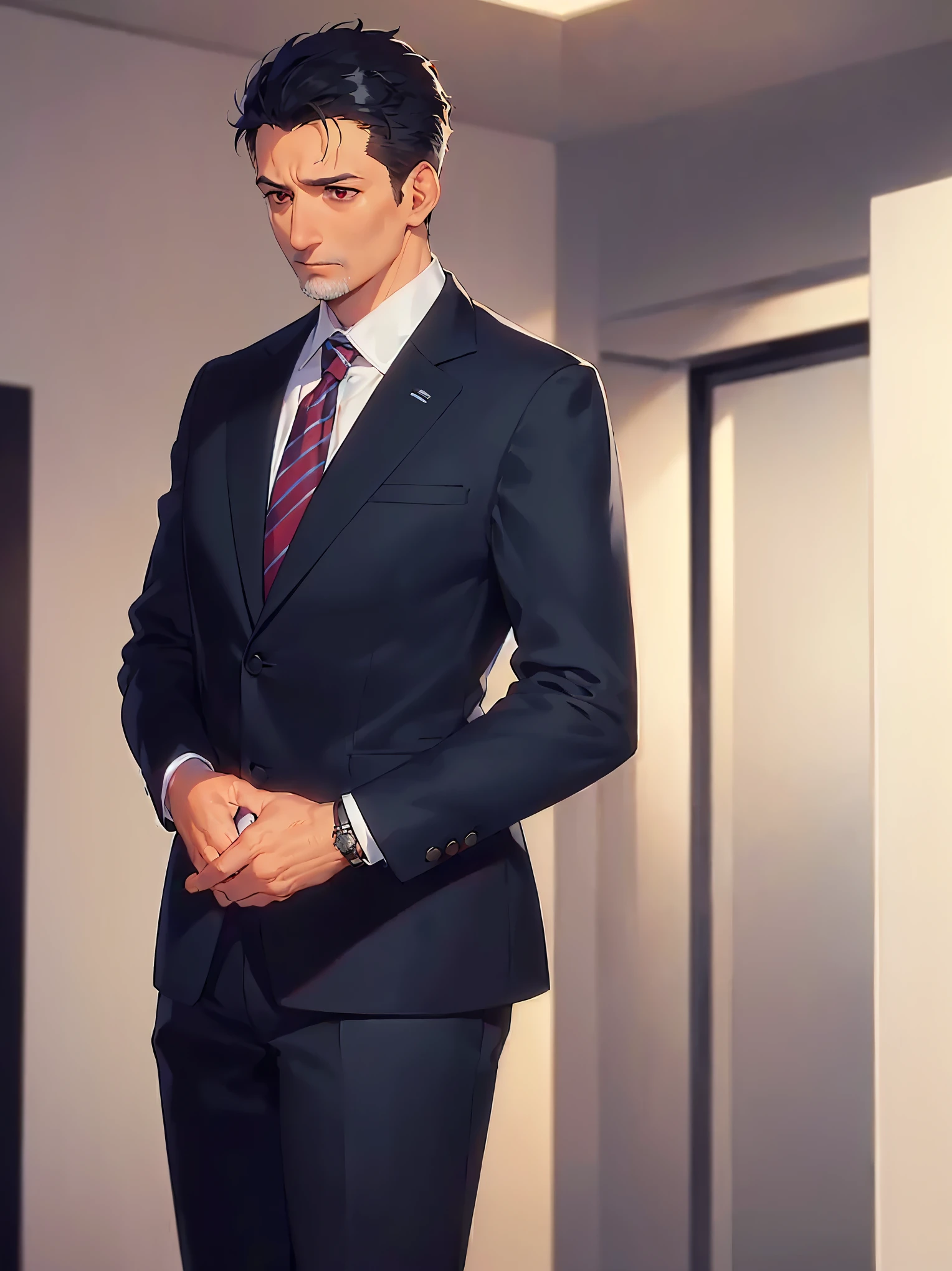 masterpiece, high quality, (50 year old man:1.5) and (short black hair) and (red eyes), (suit:1.5) and (blue tie), (worried:1.3), alone, inside a office room, standing,
