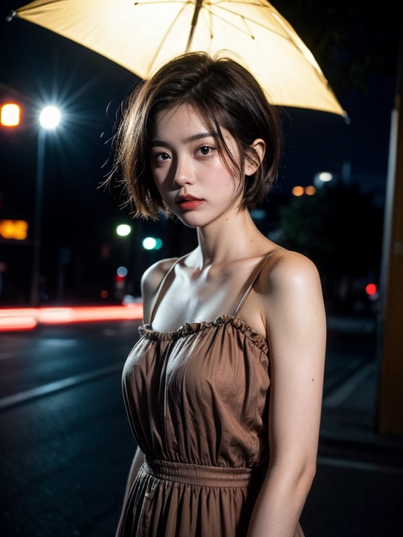 masterpiece, raw photo, film photo, 90s flash photo, 1girl, dress, night scene, dark, empty road, beautiful,  front of camera, best quality, (short hair:1.3)