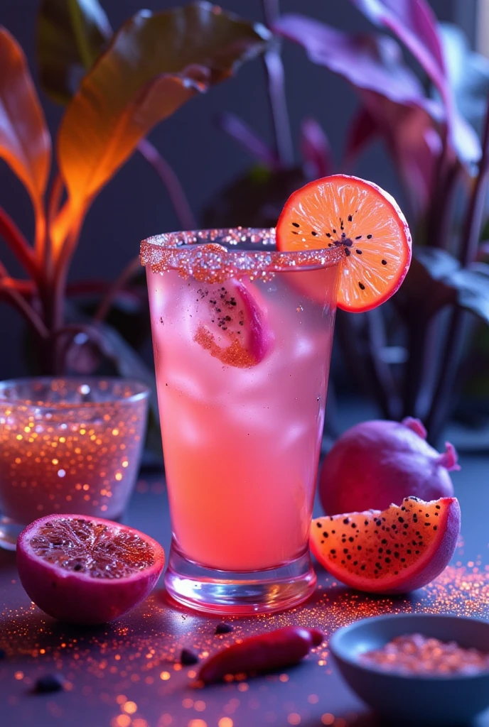 (best quality, 128k,highres,masterpiece:1.2),ultra-detailed,(realistic,photorealistic,photo-realistic:1.37), ((masterpiece)) ((photography)) ((Highest quality))  A vibrant cocktail titled "Passionate Dragon" served in a tall glass with an exotic garnish.  
The cocktail blends dragon fruit juice, passion fruit purée, coconut milk, and a hint of hot chili pepper for a fiery twist.  
The glass is adorned with a dragon fruit slice on the rim and a swirl of edible gold dust.  
Ingredients are arranged around the glass: a ((halved dragon fruit)), a ((passion fruit)), a ((bowl of coconut milk)), a red chili pepper, and a small pot of gold dust.  
The background is a mystical tropical jungle with glowing plants and a magical vibe.