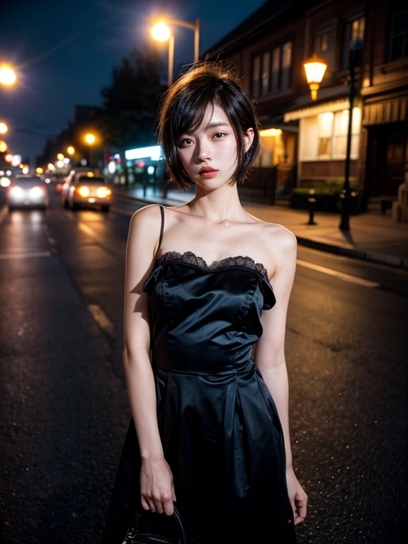 masterpiece, raw photo, film photo, 90s flash photo, 1girl, dress, night scene, dark, empty road, beautiful,  front of camera, best quality, (short hair:1.3)