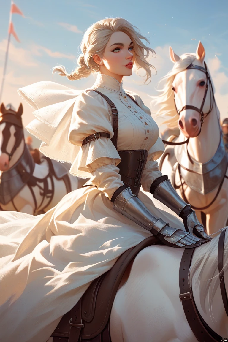  pretty woman, medieval knight,  platinum blonde hair, white clothes, Leader of an Army of Knights,  Riding on a white horse 