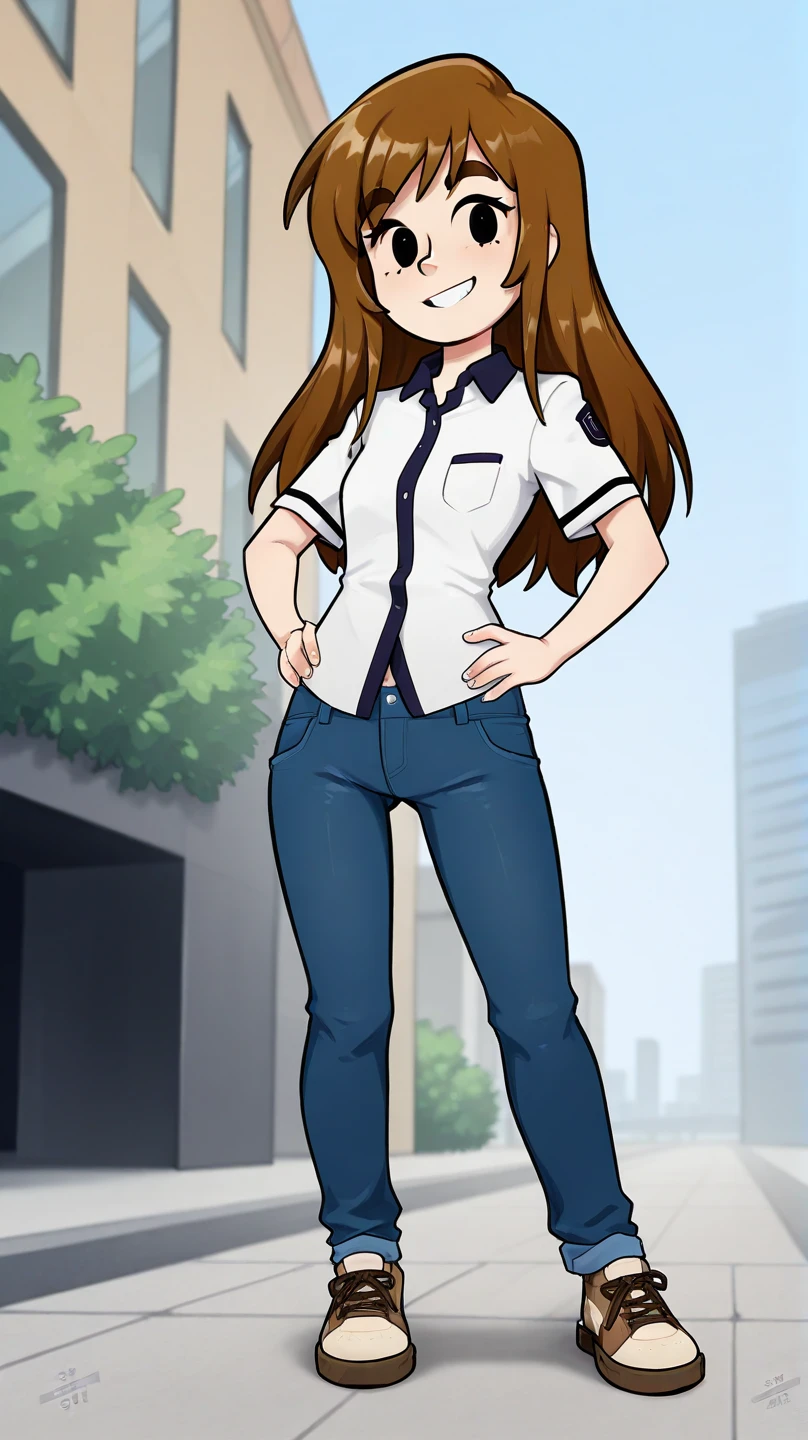 score_9, score_8_up, score_7_up, score_6_up, score_5_up,  1girl, solo, full body,
(source_cartoon),
Caroline_Storybooth, dark brown hair, dot eyes, thick eyebrows, long hair, smile,
outdoors,  blue sky,
Expressiveh, dark blue collared shirt, short sleeves, blue jeans, brown sneakers, hands on hips, half body 
