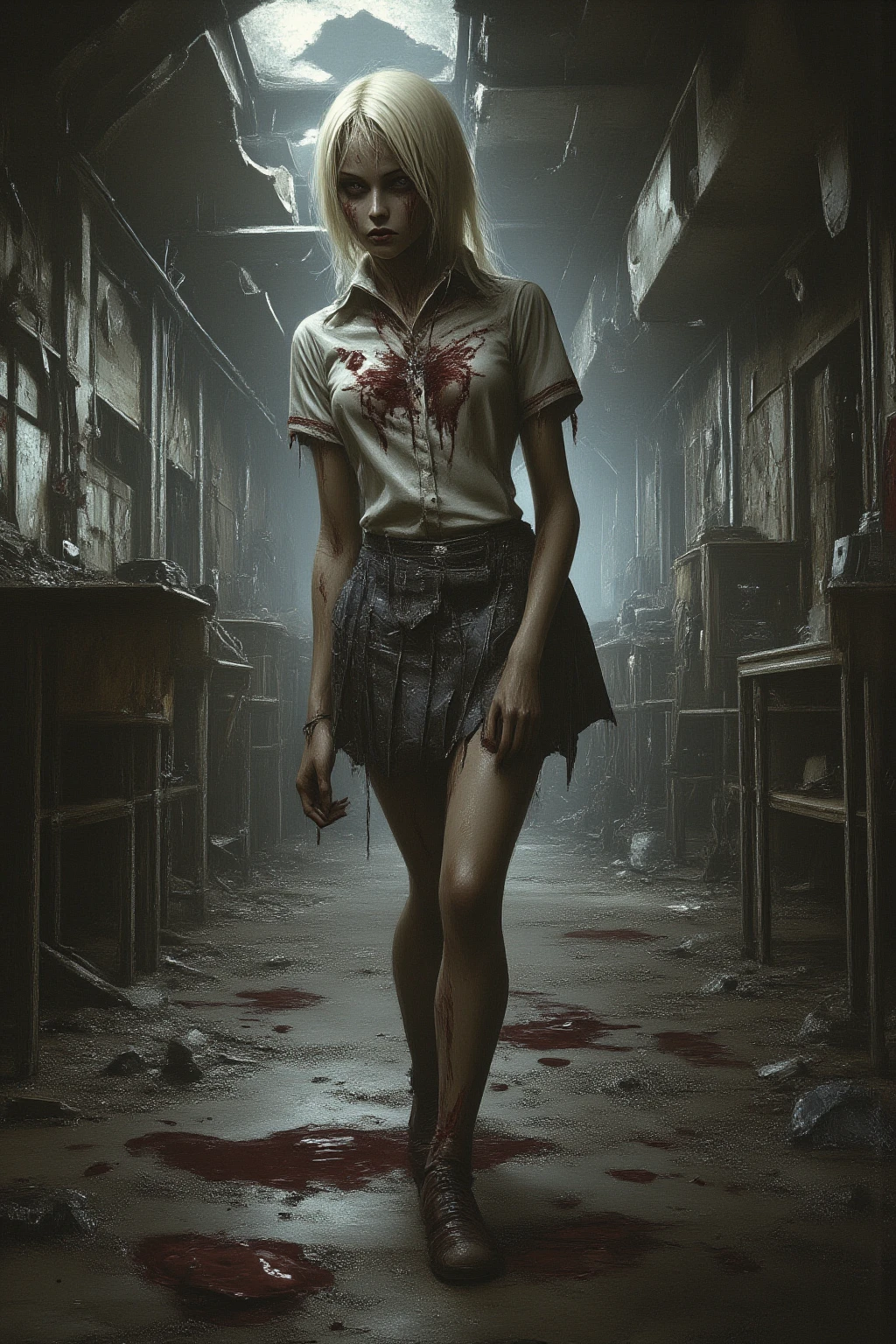 A blonde woman with a horrified expression in an abandoned house, being harassed by infernal creatures. The walls are covered in blood stains and ritualistic markings. The artwork should be a blend of cartoon and realism.