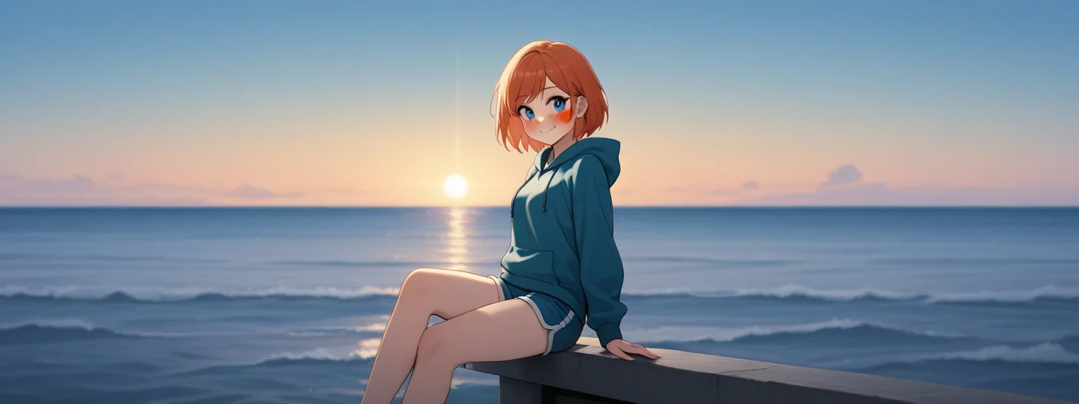  and the girl sitting on the bank of the coast is sitting sadly facing the sea
Ahead of the girl are sandy beaches, the sea, and a dazzling sunset
The girl with a beautiful expression has slightly reddened cheeks
Girl staring at the ocean
The girl is a cap、 Hooded Hoodie 、shorts fashion

