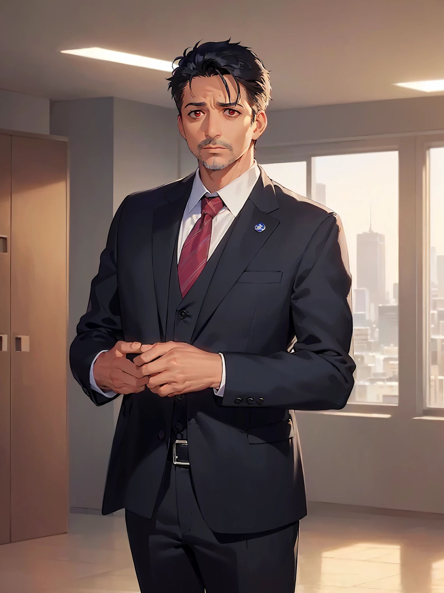 masterpiece, high quality, (50 year old man:1.5) and (short black hair) and (red eyes), (suit:1.5) and (blue tie), (worried:1.3), alone, inside a office room, standing,
