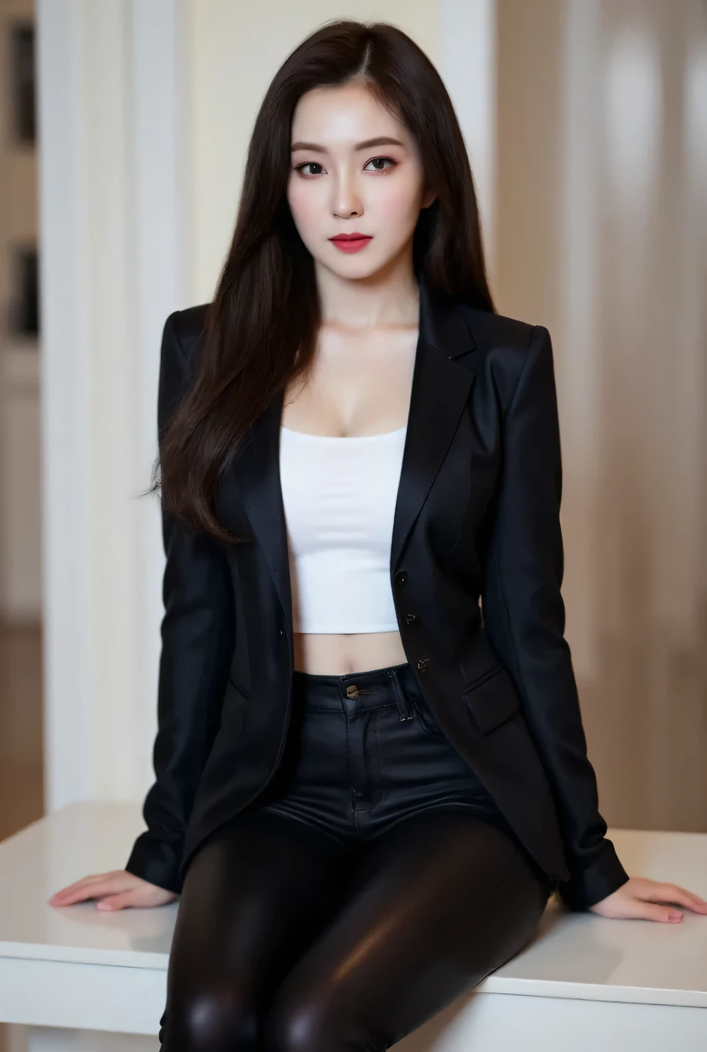 A woman, sitting facing forward, whole body,  cross legs , use a black blazer,  tight white shirt, tight black leather pants,  black red lips , smiling beautiful  