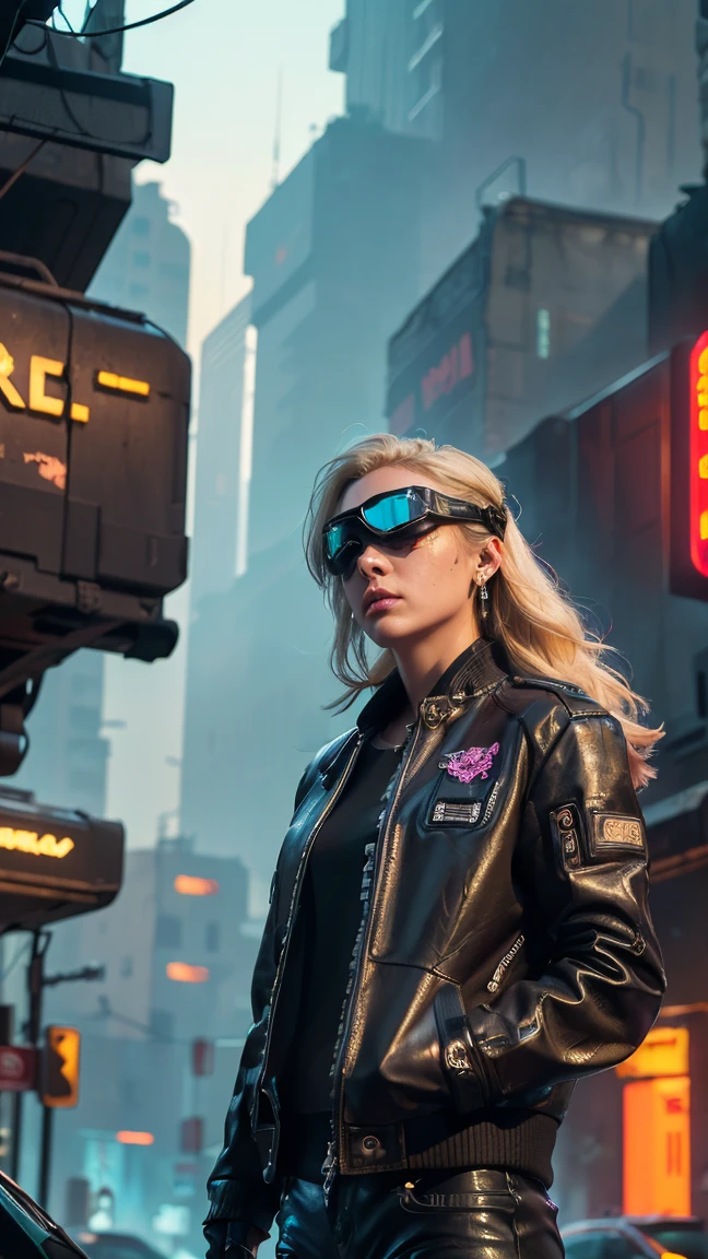 (((Best quality, 8k, Masterpiece: 1.3)), ((best quality)), ((masterpiece)), (detailed), perfect face, cyberpunk, jacket, leather pants, cybercity, night, blonde hair, goggles, crystal earrings, Futurism, cinematic lighting, ray tracing, backlighting, very long hair, crystal hair, expressive hair, acid rain, Air pollution, loneliness, Solitude, Mechanical gloves