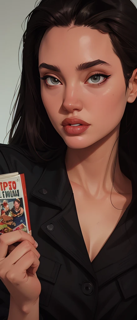 a close up of a woman in a black jacket on a cover of a magazine, in the style artgerm, ig model | artgerm, style artgerm, wojtek fus, artgerm and atey ghailan, style of artgerm, artgerm style, extremely detailed artgerm, style of stanley artgerm Angelina Jolie de biquíni