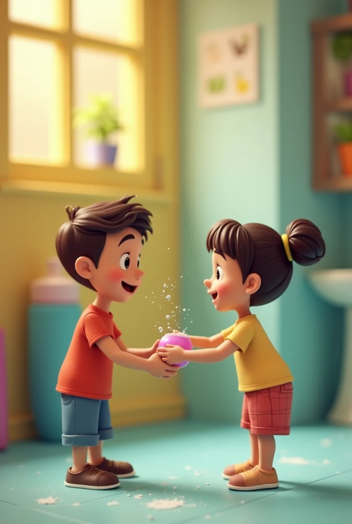 CREATE ME AN ANIMATED IMAGE WHERE TWO CHILDREN ARE WASHING THEIR HANDS, A BOY AND A GIRL