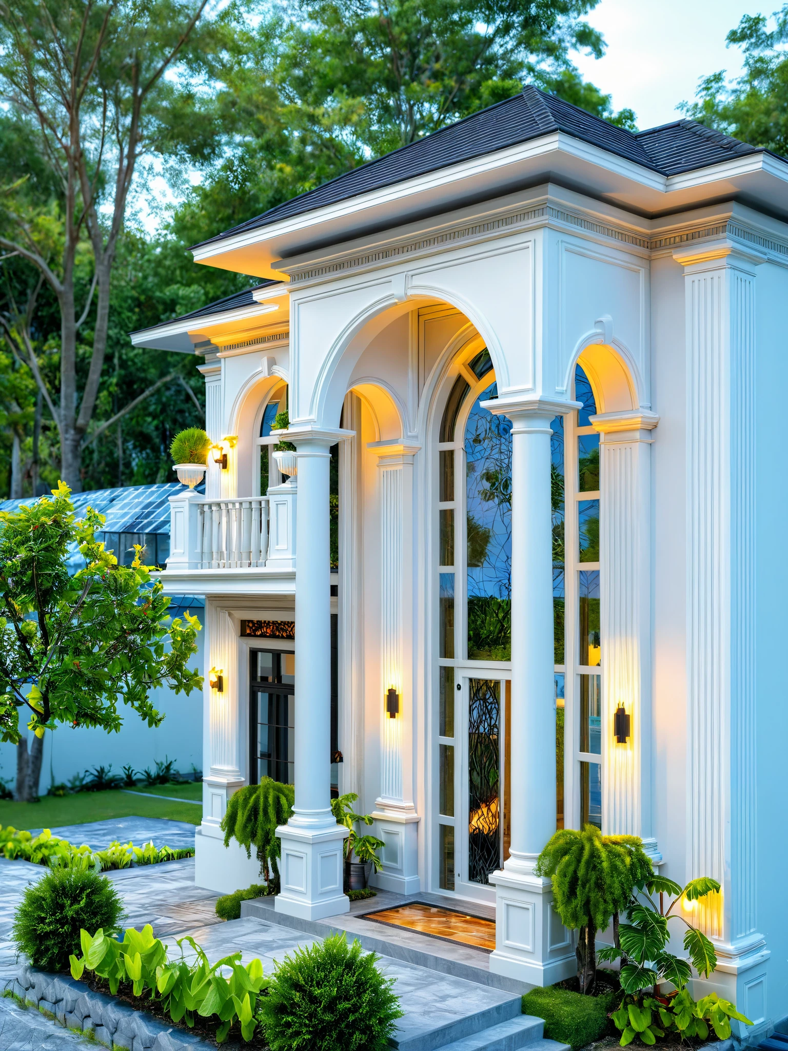 neo classical villa on street, (sunset), tropical tree, vivid colour, streetcapes, black detail, white wall, large glass door, warm interior lighting, wood and marble, best quality,