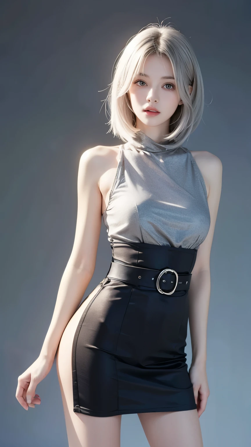  Beautiful girl ,  Silver hair , European woman, plain grey background ,  waist-deep  