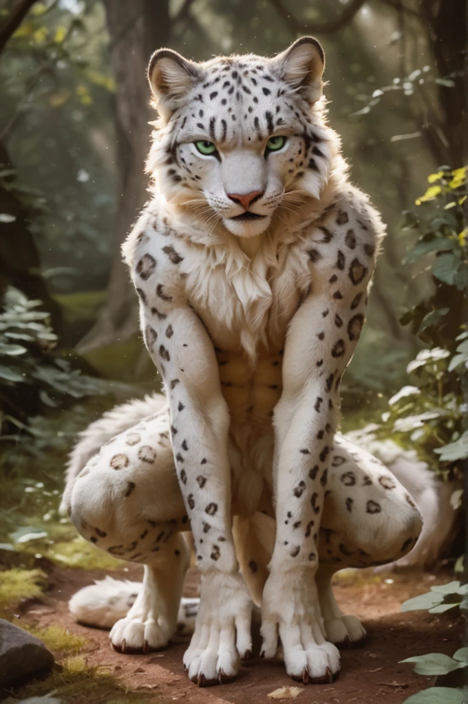 score_9, score_8_up, score_7_up, score_6_up, detailed background, full body, anthro male snow leopard, stands upright and straight, front view, angry look, detailed fur, solo, high quality, furred body, fluffy, green eyes, looks at the viewer, strong pattern all over the body, summer meadow in the forest garden, highly detailed, realistic fur, photorealism, photorealistic, fighter, realistc male genitalia 
