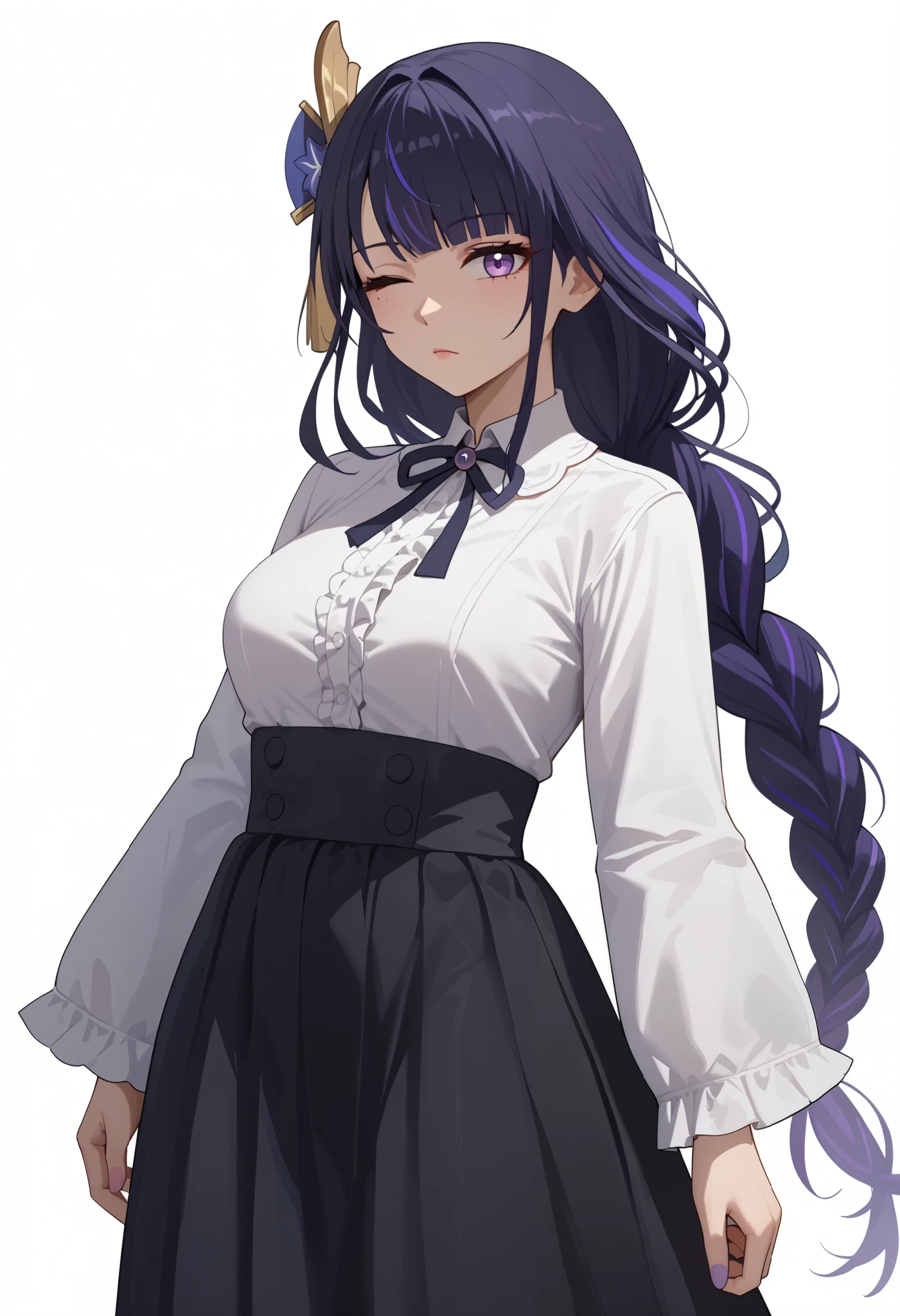 score_9,score_8_up,score_7_up,1girl,raiden_shogun_ckxl,solo,black_hair,long_hair,streaked_hair,two-tone_hair,sidelocks,hair_ornament, highter,;\),blunt_bangs,commentary ,looking_at_viewer,low_ponytail,one_eye_closed, background,white_background,Stand, look from the front, bassic pose, black ribbon,black skirt,long skirt,white shirt, frilled shirt collar,frilled sleeves,frills,high-waist skirt,hime cut,neck ribbon