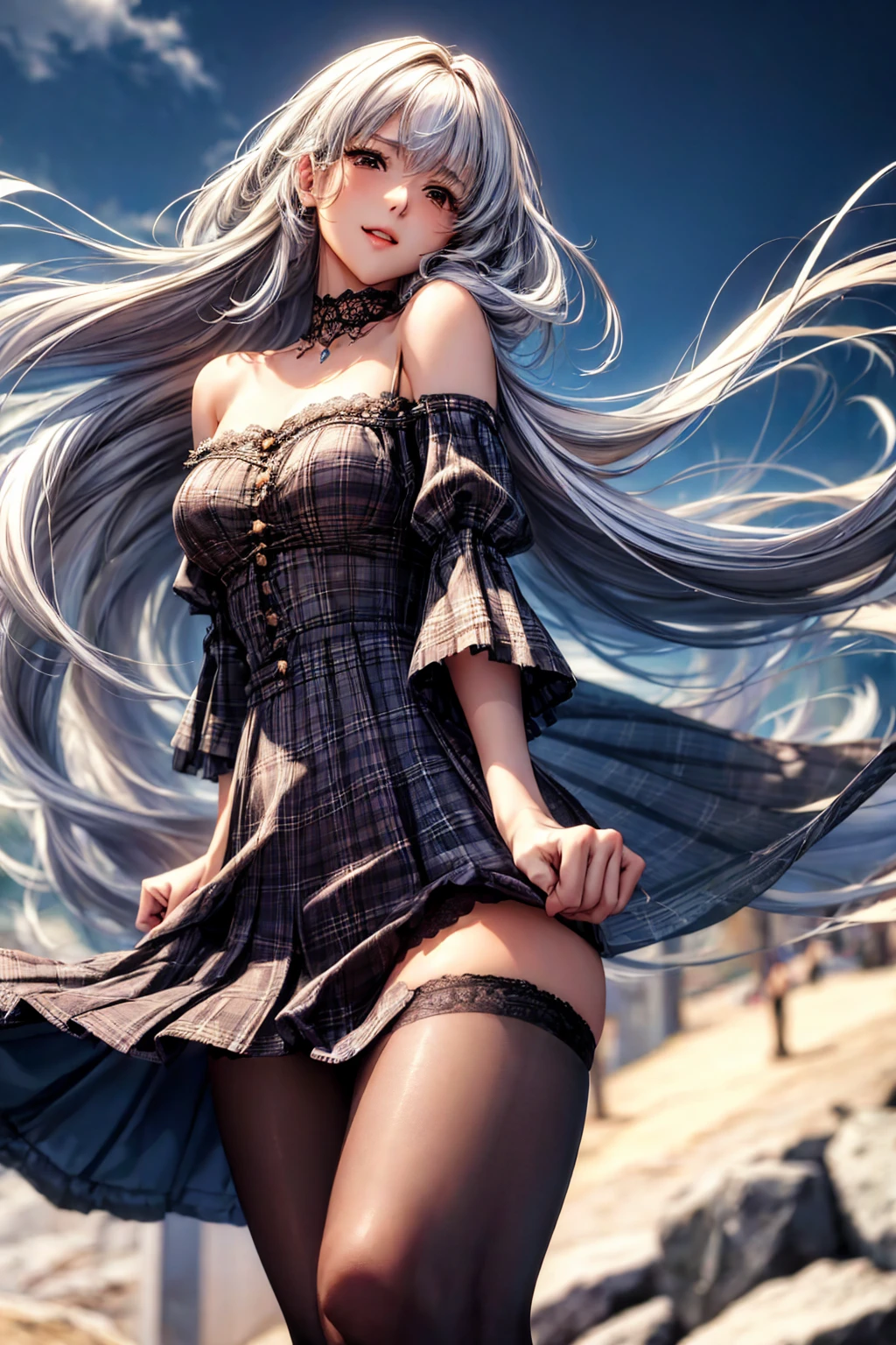 ((Sketch)), ((Watercolor)),((best quality)) ((best quality)), ((masterpiece)), (detailed), HD, Highly Detailed, 4k image, anime style, beautiful young teenage girl, 13 years old, pearly white skin, Blonde braided ponytail hair, adorable and cute facial features, golden-brown colored eyes, White French Maid Uniform, Black sheer stockings plump thick lips, tiny breasts, slender and slim toned body type, tall height(180cm), small narrow waist, wide curvy hips, plump large round ass, full body picture