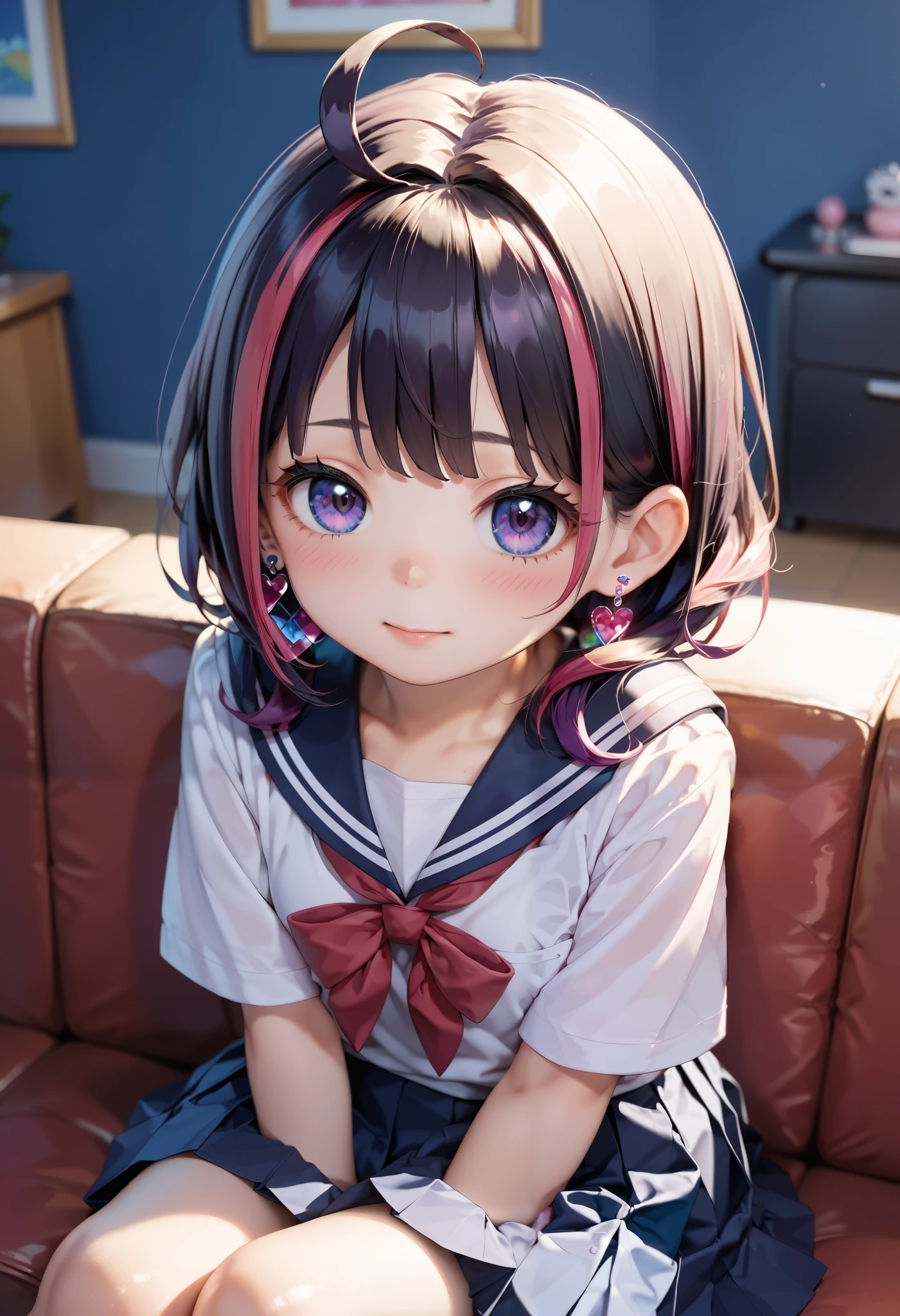 arafed asian girl in a school uniform sitting on a couch, young gravure idol, young pretty gravure idol, young sensual gravure idol, japanese girl school uniform, of a youthful japanese girl, cute schoolgirl, japanese school uniform, shikamimi, a hyperrealistic schoolgirl, streaked hair, ahoge, hair behind ear, crystal earrings, shy, embarrassed, oral invitation, anime, Impressionism, depth of field, cinematic lighting, UHD, retina, masterpiece, accurate, anatomically correct, textured skin, super detail, high details, award winning, best quality, highres, HD, 16k