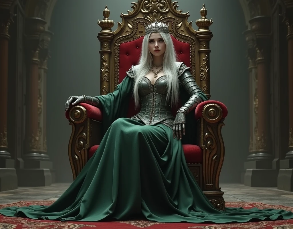 ((masterpiece, photorealistic:1.4, extremely intricate:1.3, photon mapping, radiosity, physically based rendering, ultra resolution, hyper-realistic, photorealistic:1.4, hyper-realistic, 8K)), ((solo athletic teenage supermodel, (satisfied, serious, aloof, ((([large breasts:huge breasts:0.5])) fantasy green etched brocade elegant dress, black cape, ((queen))), necklace, Makeup:1.0, red lips, (((long straight hair))) [blonde hair:dark hair:0.5], [skin detail:freckles:0.7]))), fujicolor, ((she sits on a black chrome throne)) in a medieval castle throne room