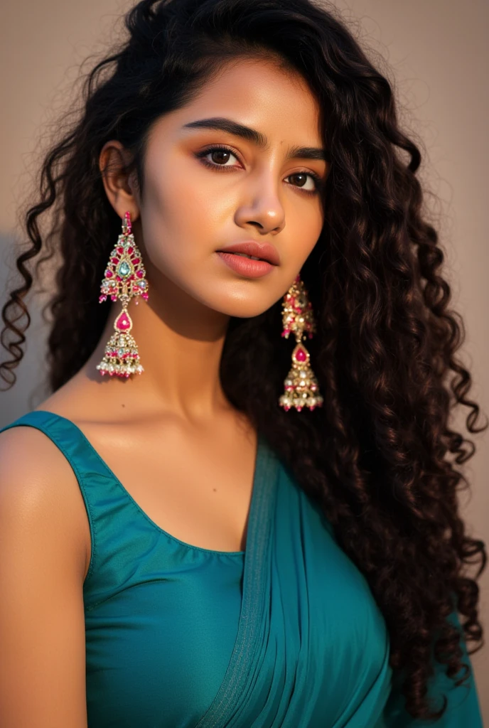 Setting: The image is a close-up portrait shot, focusing on the upper body and shoulders of an individual. The background is neutral and out of focus, ensuring that the attention remains on the subject.

Main Subject: The individual has long, dark, curly hair that cascades over their shoulders. The hair is well-defined with a glossy texture, indicating healthy and voluminous curls.

Attire: The person is wearing a vibrant teal garment, which appears to be a traditional outfit. The fabric has a slight sheen, suggesting it might be made of silk or a similar material. The garment has a modest neckline, and the color is rich and eye-catching.

Accessories: The individual is wearing a pair of ornate earrings. The earrings are large and appear to be embellished with intricate designs and possibly gemstones, adding a touch of elegance and sophistication to the overall look.

Physical Attributes: The person's neck and shoulders are visible, showcasing a graceful and elegant posture. The skin tone is warm and even, with a natural glow that complements the attire and accessories.

Lighting and Colors: The lighting in the image is soft and diffused, highlighting the textures of the hair and the fabric of the garment. The teal color of the outfit stands out vividly against the neutral background, creating a striking contrast. The overall color palette is warm and inviting, with the teal garment and dark hair being the focal points.

Mood and Atmosphere: The image conveys a sense of elegance and grace. The combination of the traditional attire, ornate earrings, and the individual's poised posture creates a refined and cultured atmosphere. The soft lighting and neutral background further enhance the subject's features, making them the center of attention.